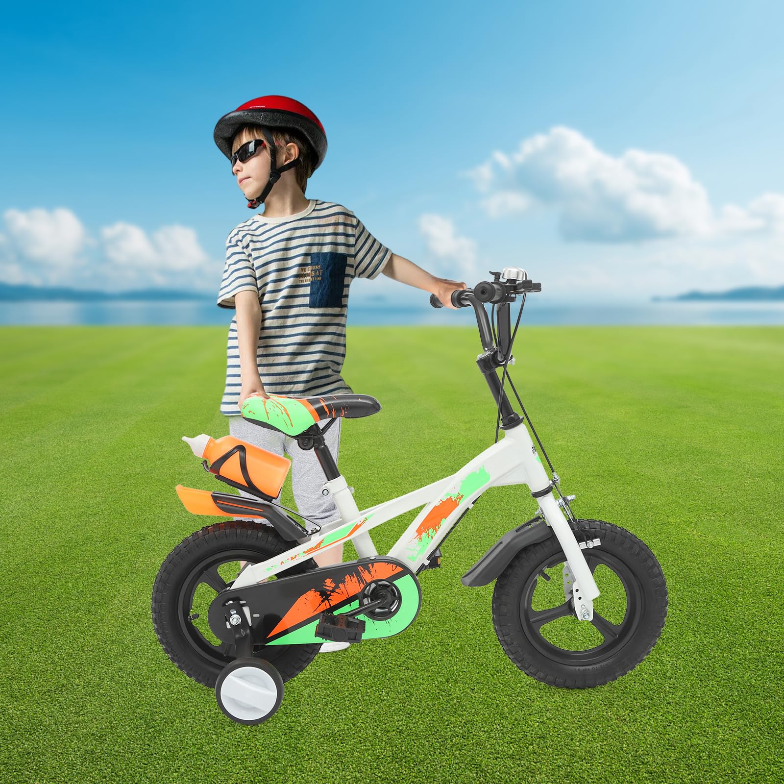 12 Zoll Kinderfahrrad mit Stützrädern, Kinder Fahrrad mit Wasserflasche, Robuster Rahmen, Höhenverstellbarer Sitz Lenker, für Jungen & Mädchen ab 2-5 Jahre