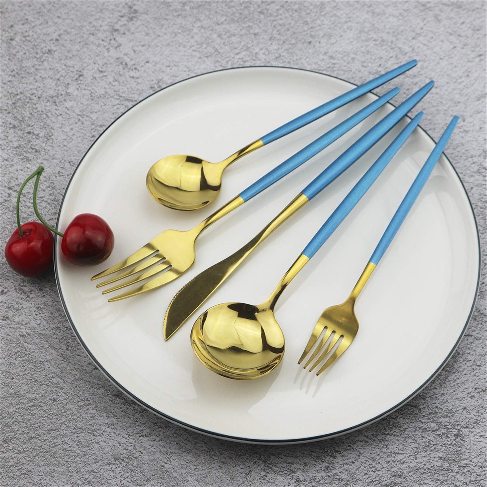 Western 20pcs Dinary Shiny Dinkware 18/10 En acier inoxydable Couverts de couverts en acier inoxydable Ensemble de cadeaux mignons Vaisselle (Color : Blue Gold 20pcs)