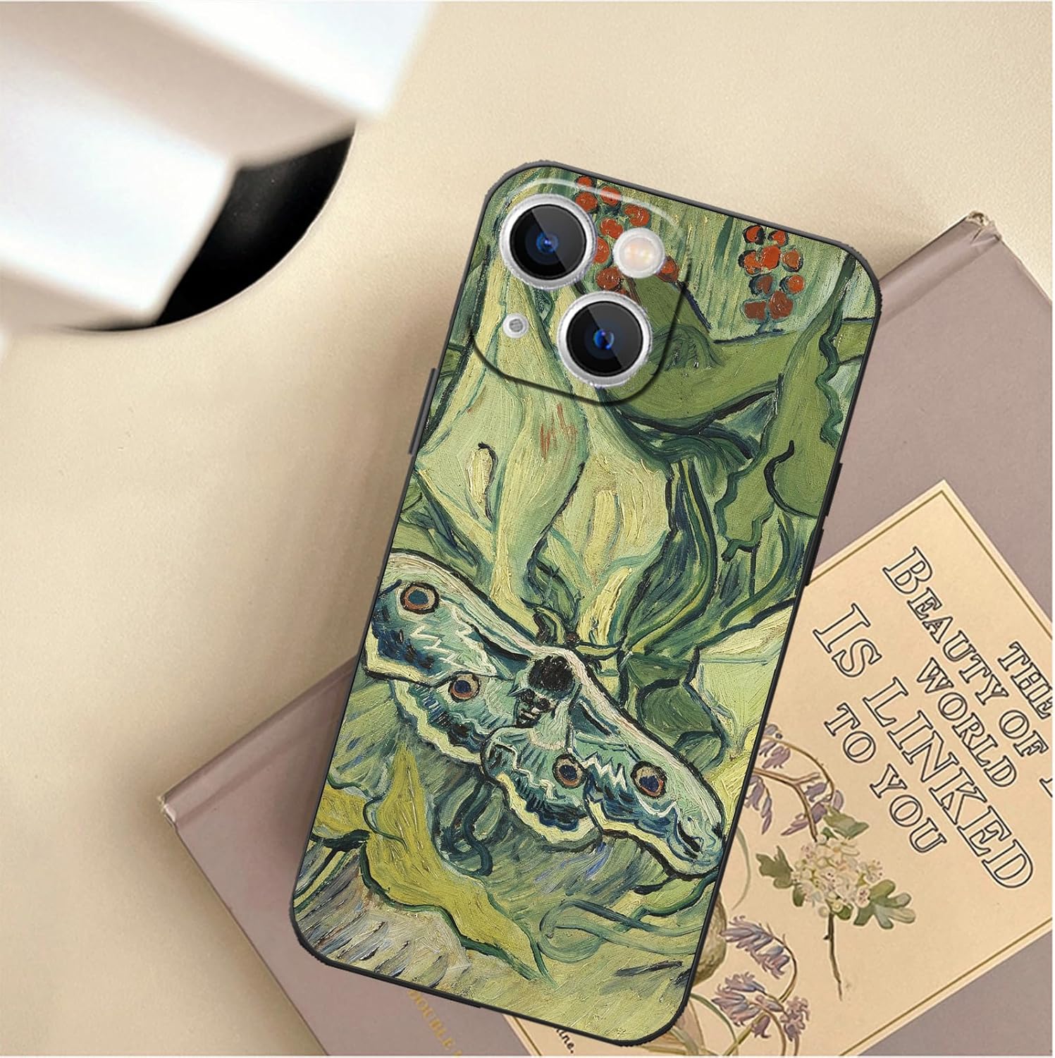 Compatible with iPhone 14 Plus Phone Case,Van Gogh Emperor Moth Green Natural Art Aesthetic Phone Case for Women Men,Slim Anti Drop Bumper Waterproof Protective Cover for iPhone 14 Plus - Image 4