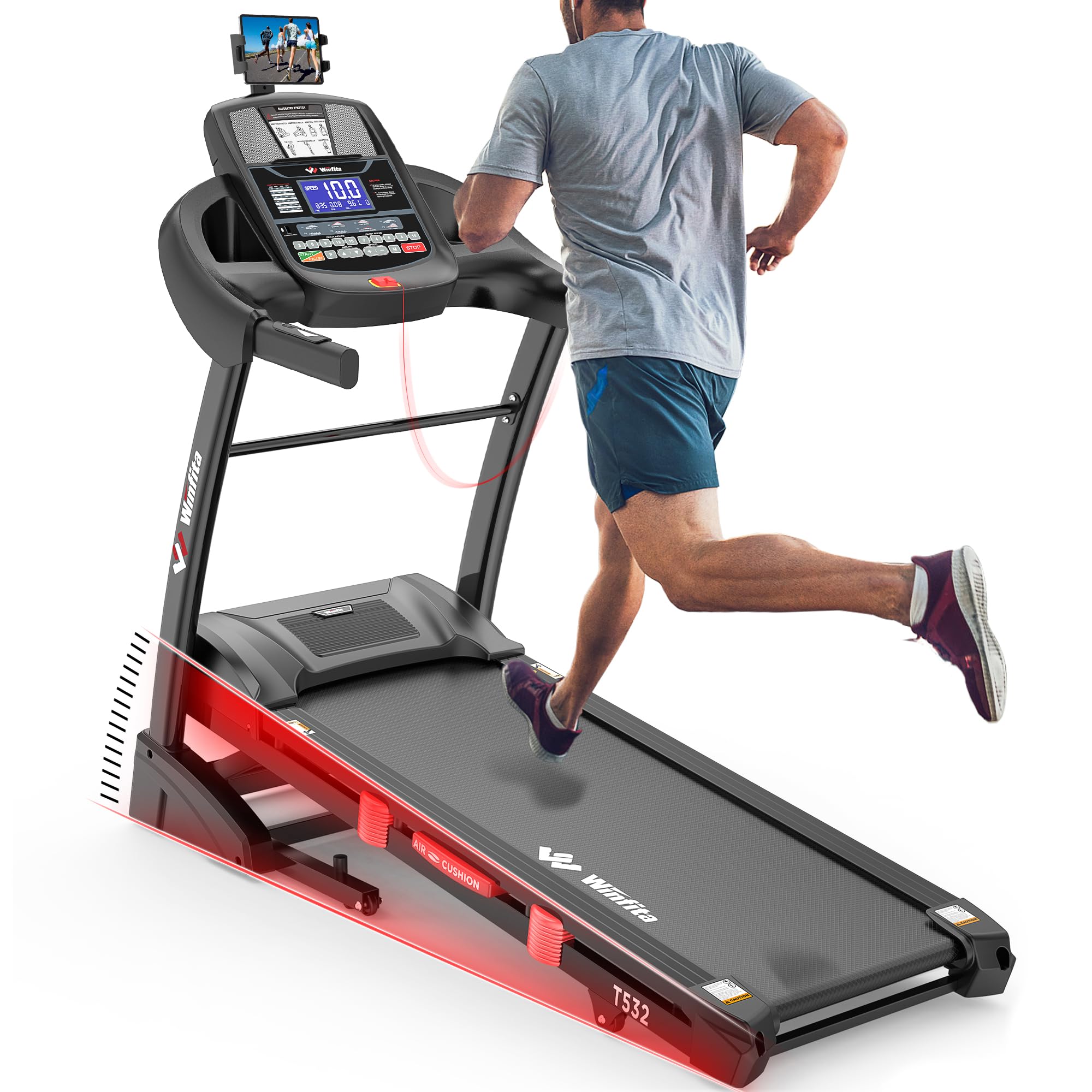 Winfita Treadmill with Auto Incline, 4.5HP Folding Treadmills for Home 300 Ib Capacity, 15% Auto Incline Treadmill, 10 mph Speed & 50"x18" Wide Belt, Bluetooth, APP, USB Charging Port, Tablet Holder