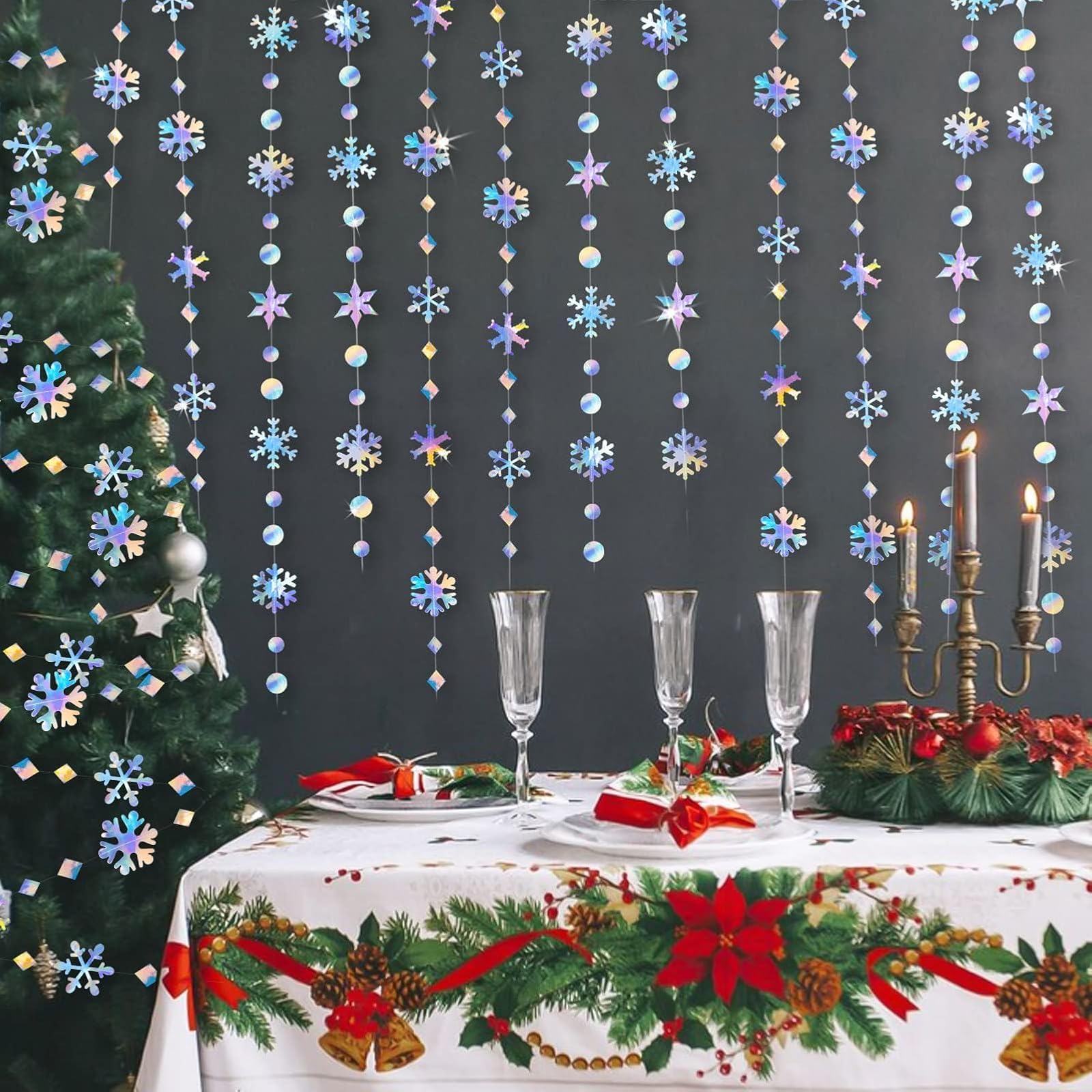 Schneeflocken-Dekoration, schillernde Schneeflocken-Girlande, 10 Stück, schimmernde, holografische Papier-Schneeflocken, Luftschlangen für schillernde Party, Weihnachten, Frozen-Thema, Geburtstag