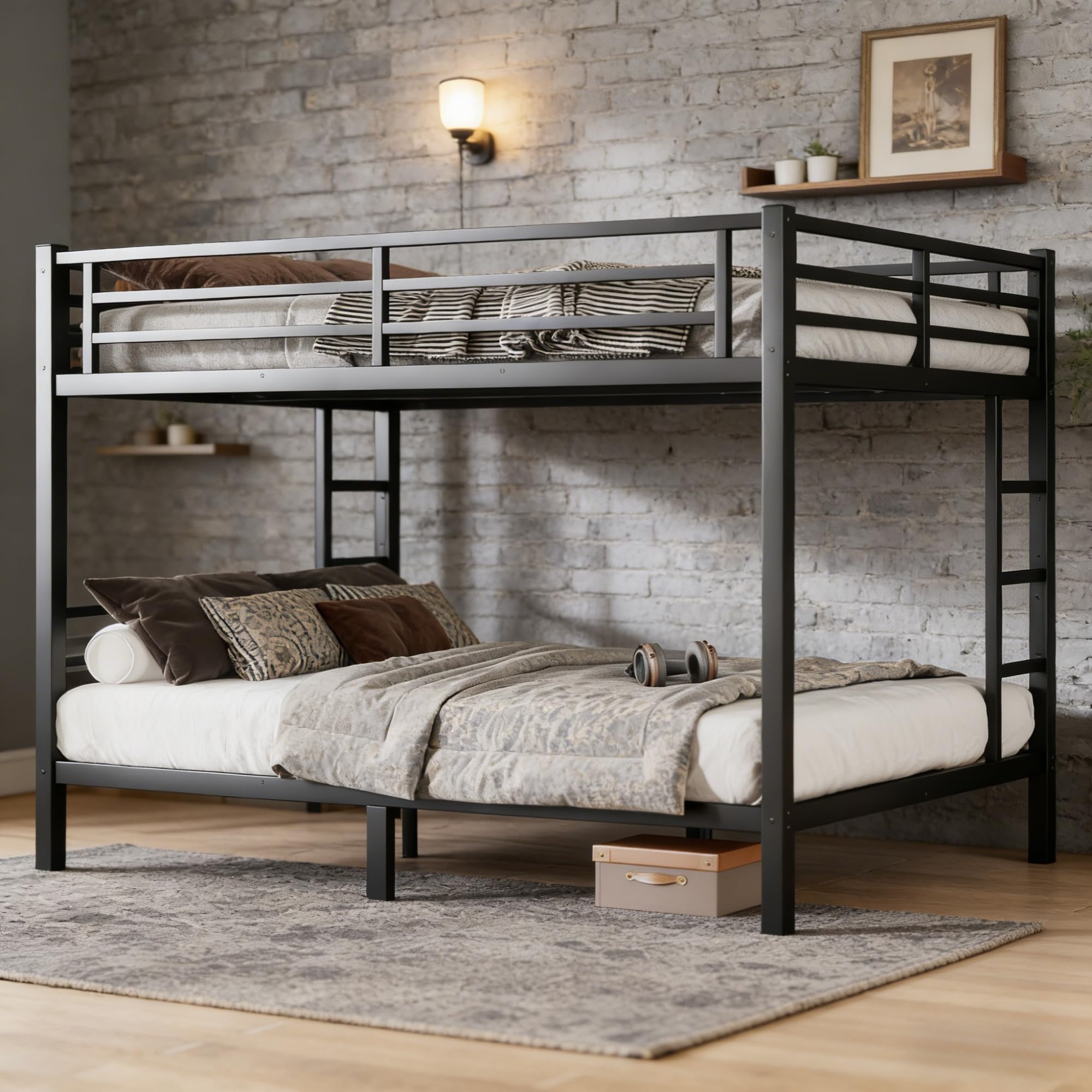 Bellemave Queen Over Queen Bunk Bed with Ladders, Metal Bunk Beds Frame with Full-Length Guardrails, Heavy-Duty Bunkbed for Bedroom, Guest Room, Dorms