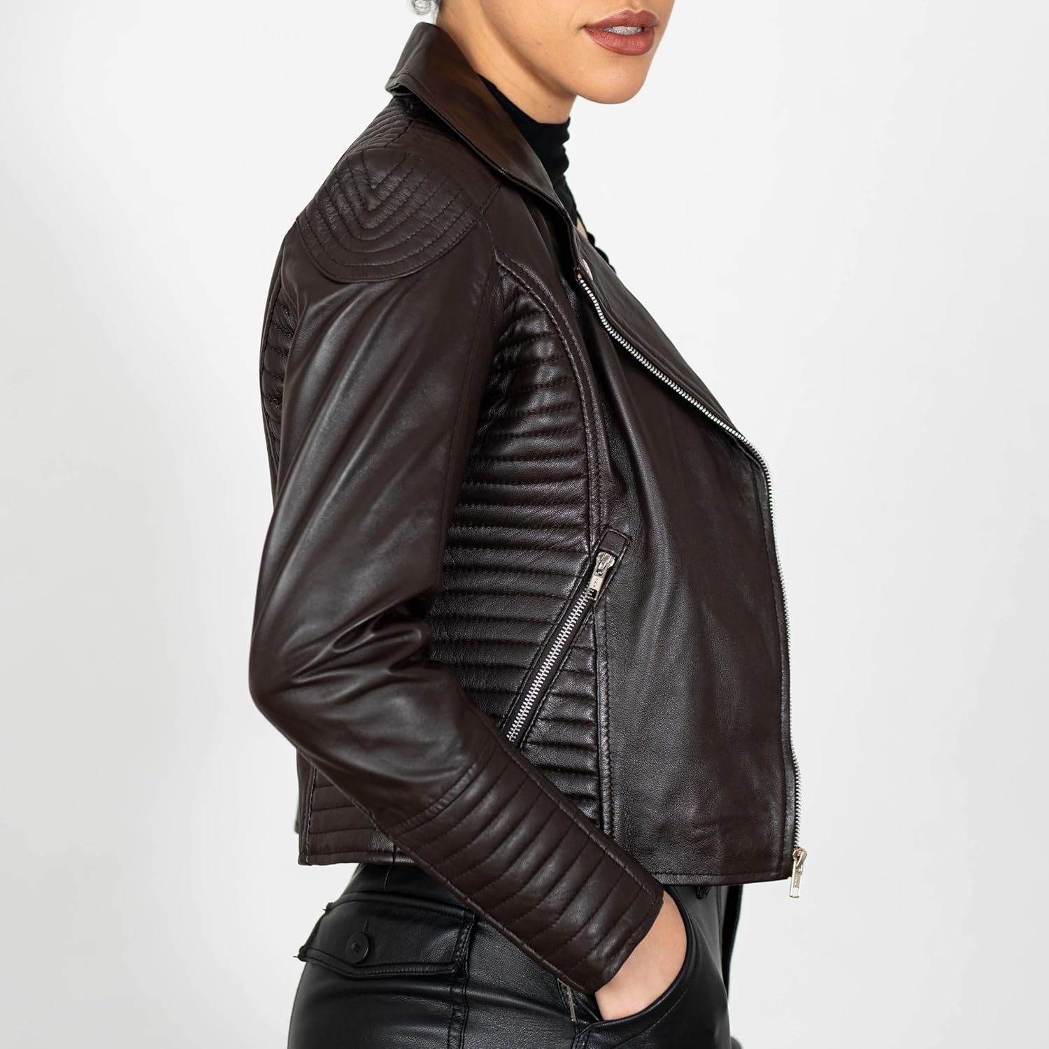 BRICK LANE Collar Leather Jacket for Women | Timeless Design Motorcycle Jacket - Lamb Nappa Leather Jacket with Zip Cuffs - Image 4