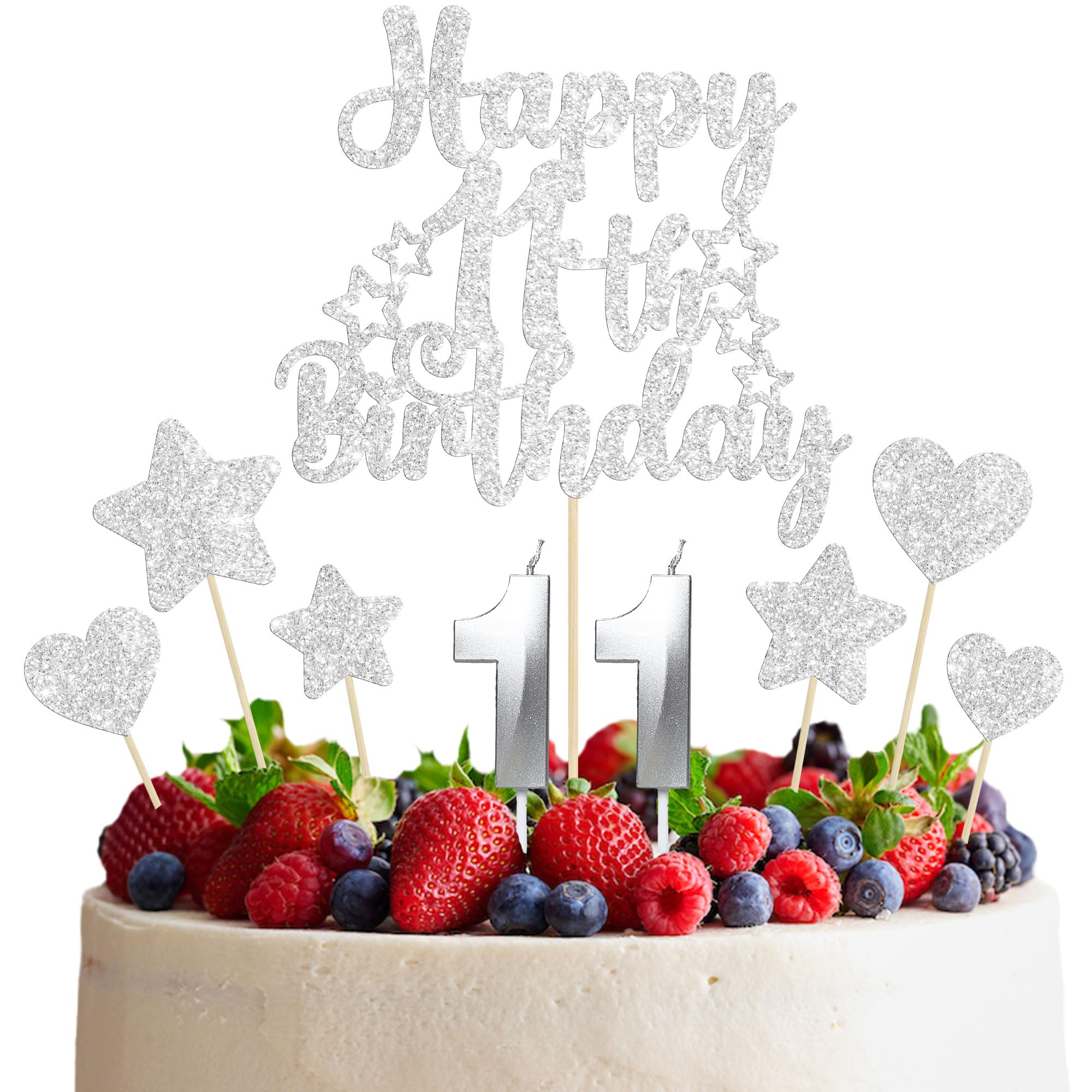 Gyufise 15Pcs Happy 11th Birthday Cake Topper Set Heart Star Glitter Cheers to 11 Years Cake Picks Number 11 Candles Cake Decorations for Happy 11th Birthday Anniversary Party Supplies Silver