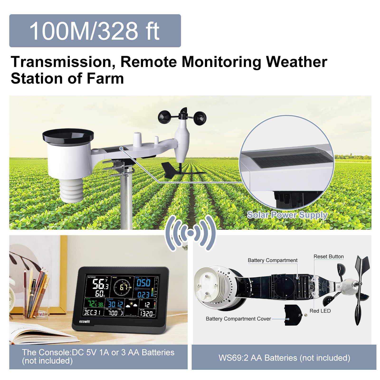 Ecowitt WS3900 Station météo Wi-Fi, 7 en 1 WS69 station météo solaire pour l'extérieur + Console intérieure de 7,5 pouces avec grand écran LCD couleur, Système de surveillance météorologique