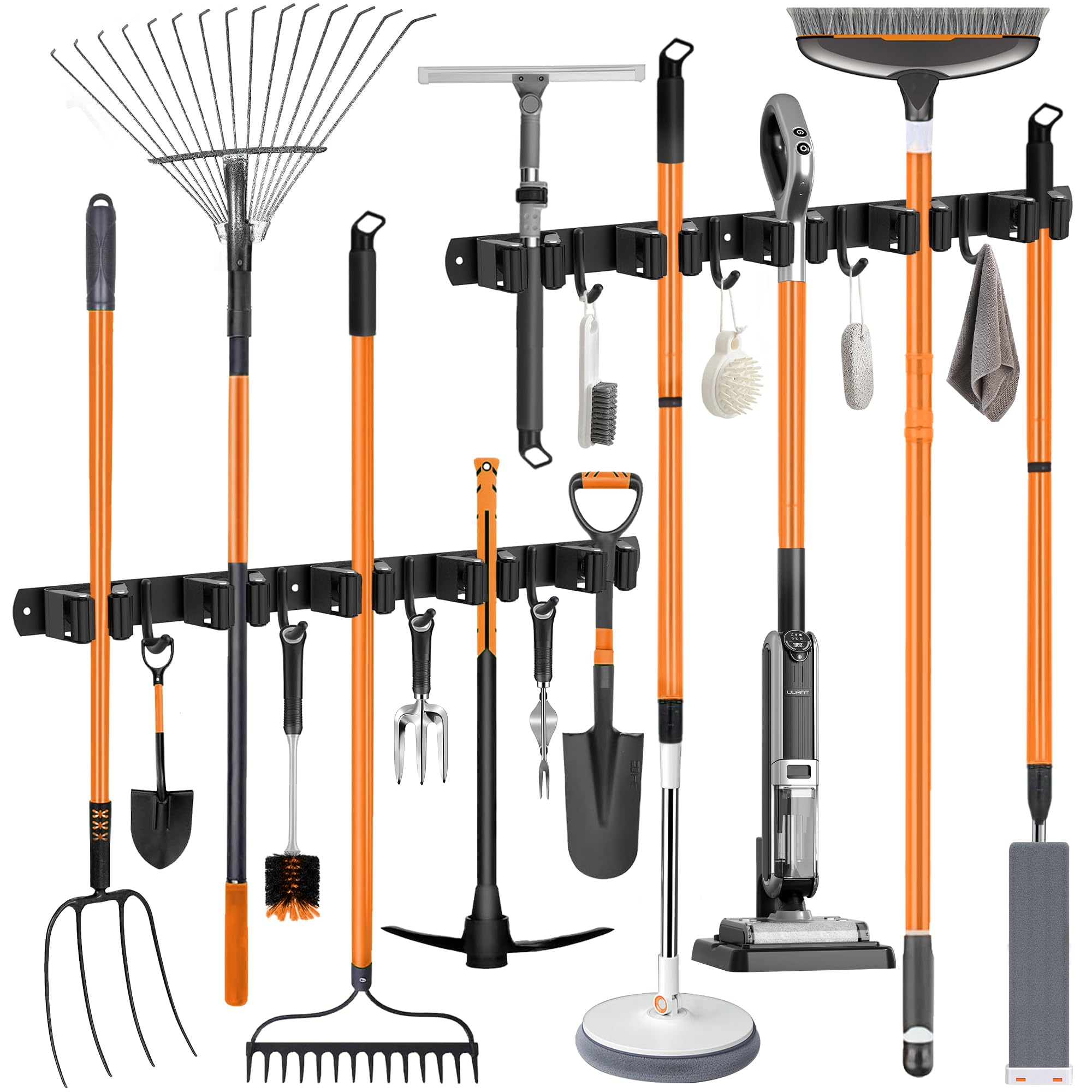 Accroche Balai Mural, Porte Balais Mural en Acier Inoxydable - 10 Supports + 8 Crochets, Support Balais Mural Sans Percer Noir, Utilisable en Cuisine, Salle de Bain, Jardin, Garage (2 Pièces)