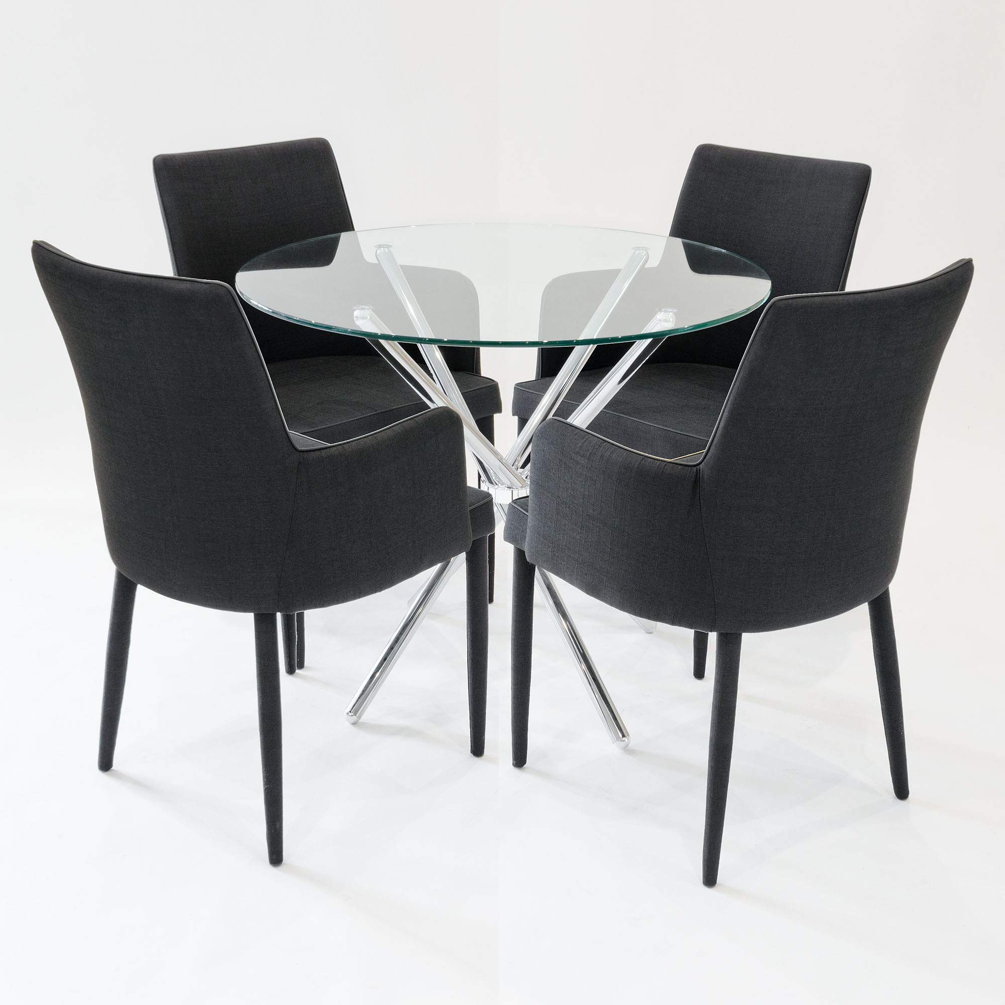 Febland Clear Glass Bistro Table with Four Dark Grey Duncan Dining Chairs, Round