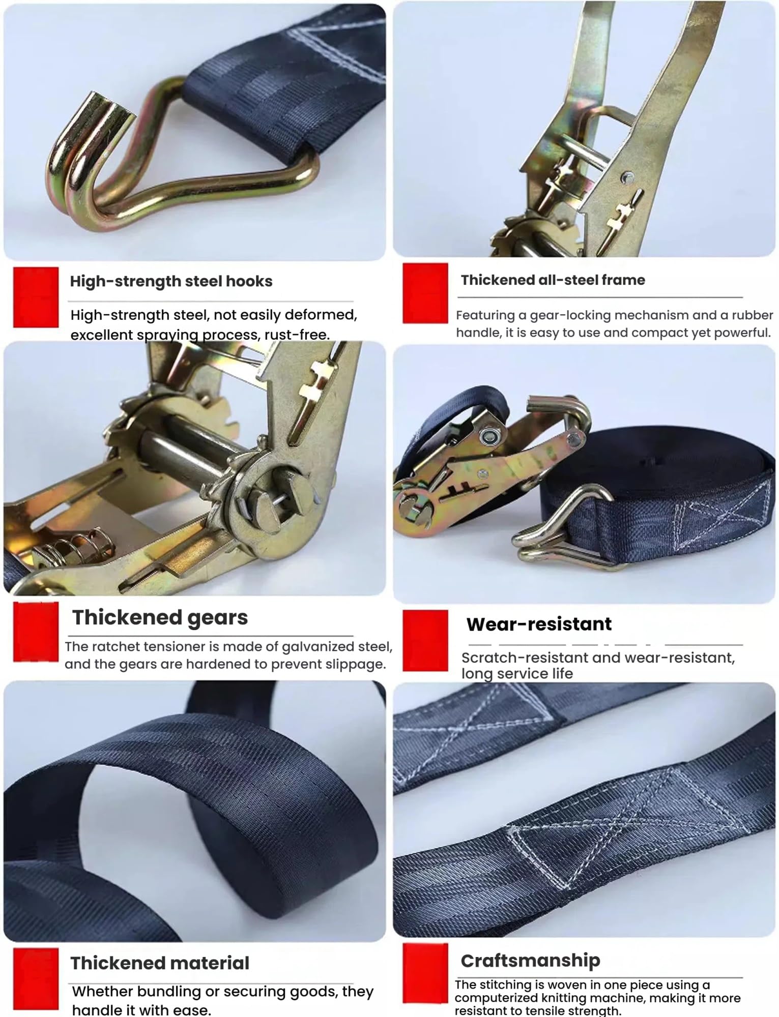 Sangles de chargement – Corde d'arrimage à cliquet robuste avec double crochets pour un transport sécurisé et une récupération de remorquage de camion