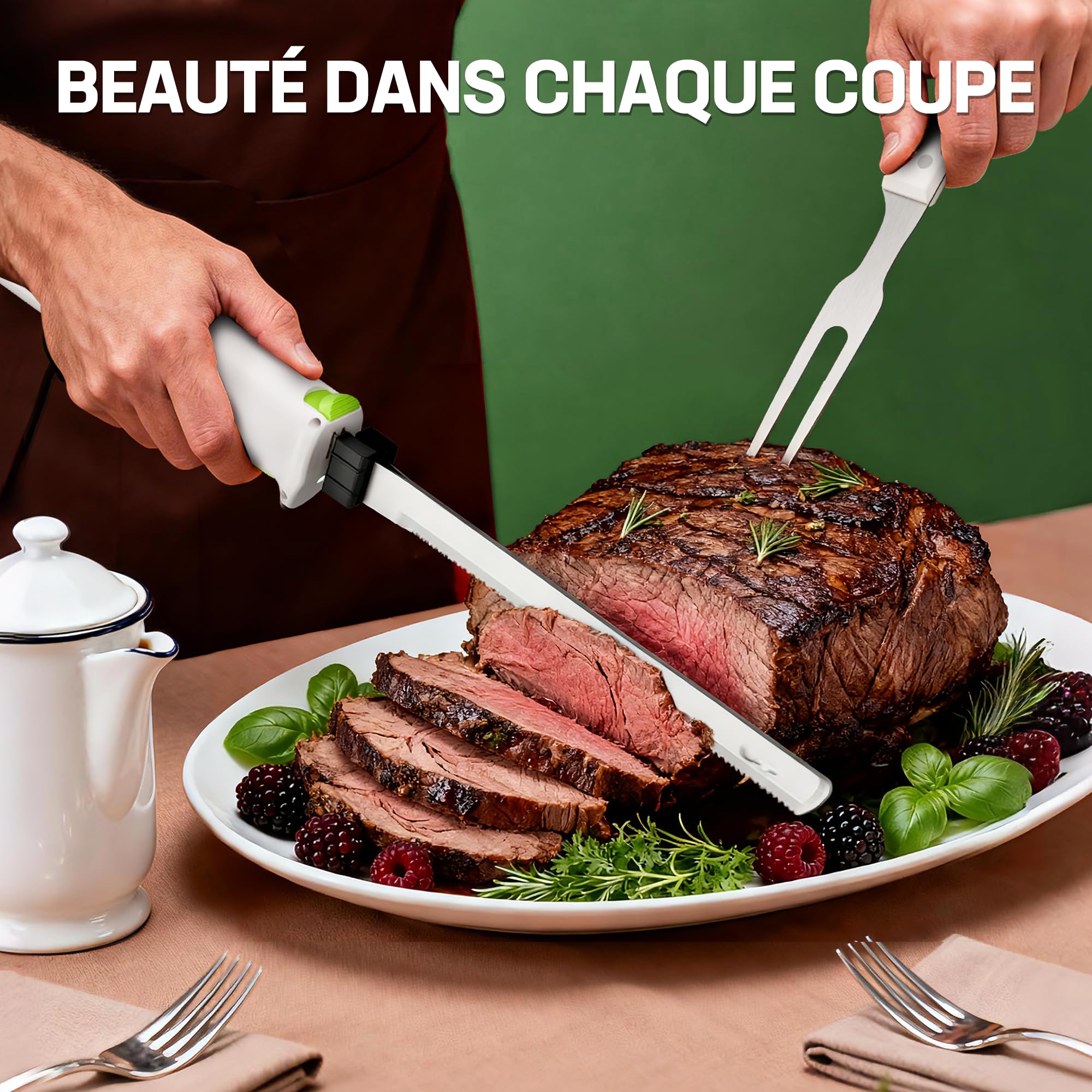 WORKPRO Couteau Électrique Sans Fil 8V, Couteau à Pain Électrique, 2 Lames en Acier Inoxydable, Fourchette, Lavable au Lave-Vaisselle, Idéal pour Couper Viande, Pain, et Plus, Étui Inclus, Blanche