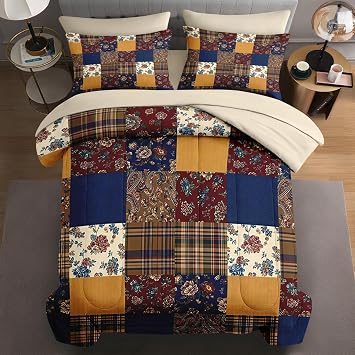 WeCozy Full Comforter Set with Sheets, 7 Pieces Patchwork Plaid Bedding