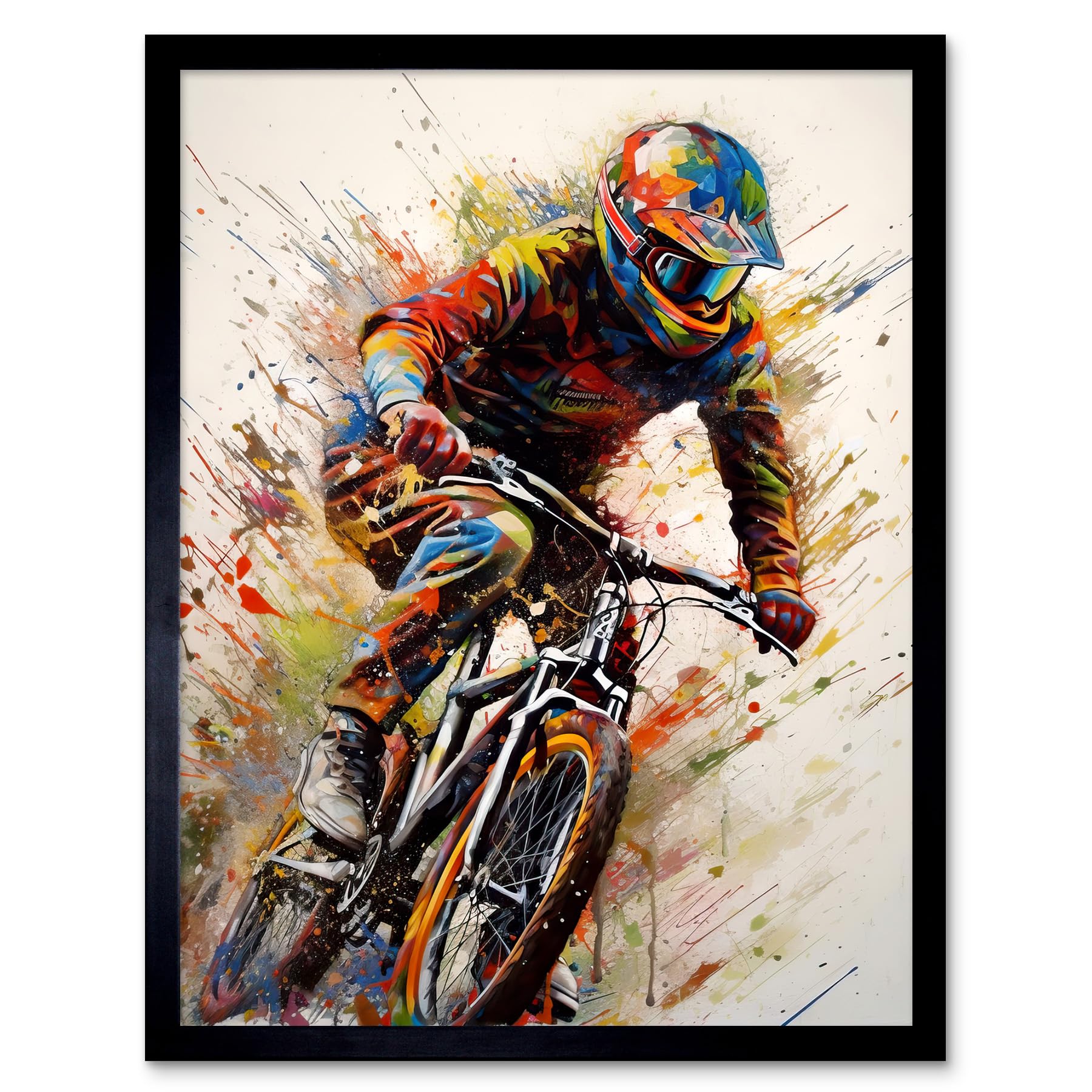 Artery8 Framed Black 12X16 Mountain Biker Portrait Splat Paint Action Shot Art Print Framed Poster Wall Decor 12X16 Inch