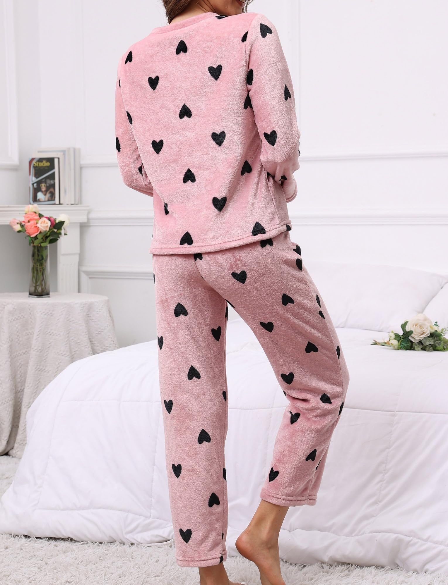 Ensembles de Pyjama Hiver Femme Pajama Set en Polaire 2 Pièce Vêtements de Nuit Chaud Adulte Loungewear Chemise de Nuit S-XL