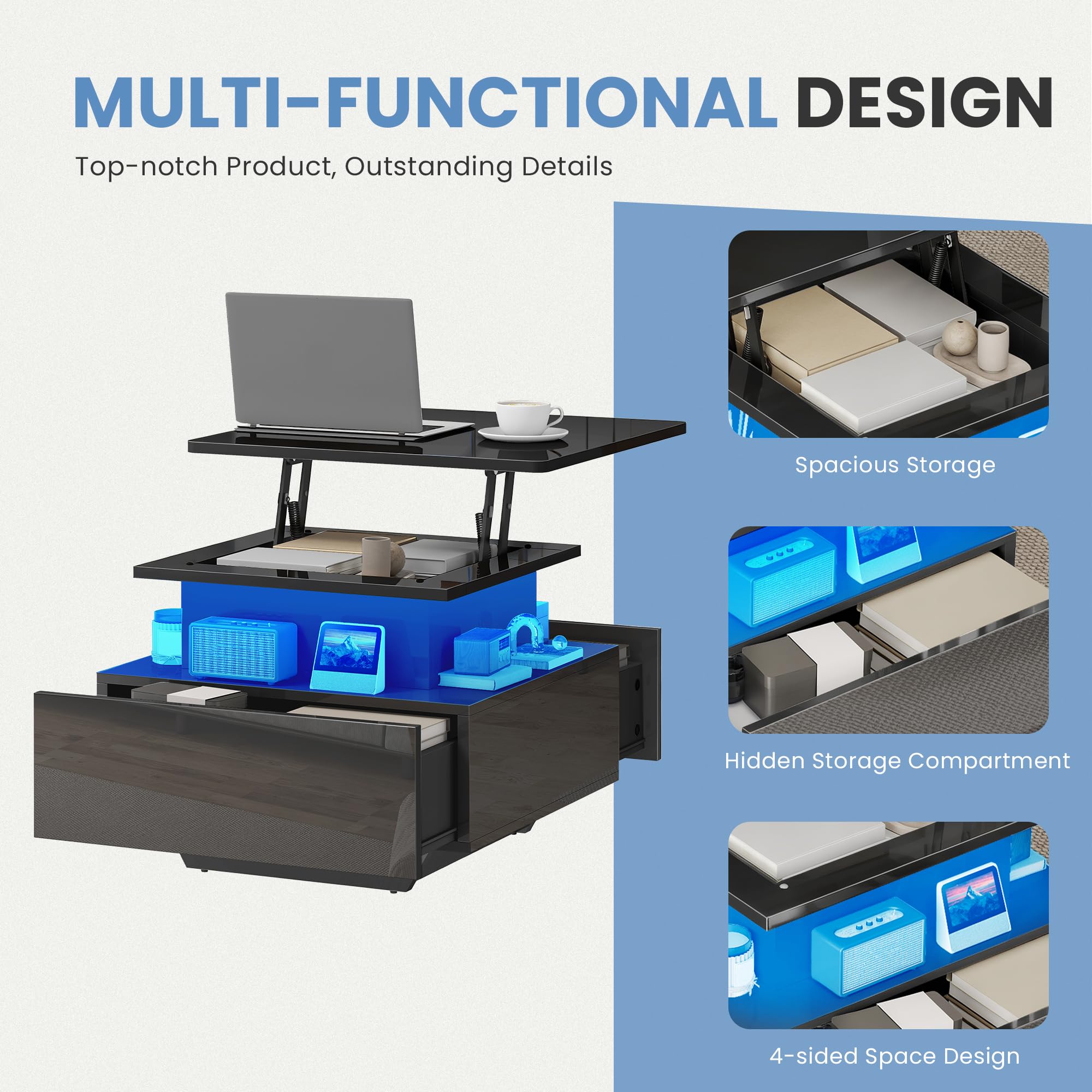 DWVO Couchtisch mit LED, höhenverstellbar, modern schwarz hochglänzend, mit Stauraum & Schubladen für Wohnzimmer, 60x60x45-58 cm