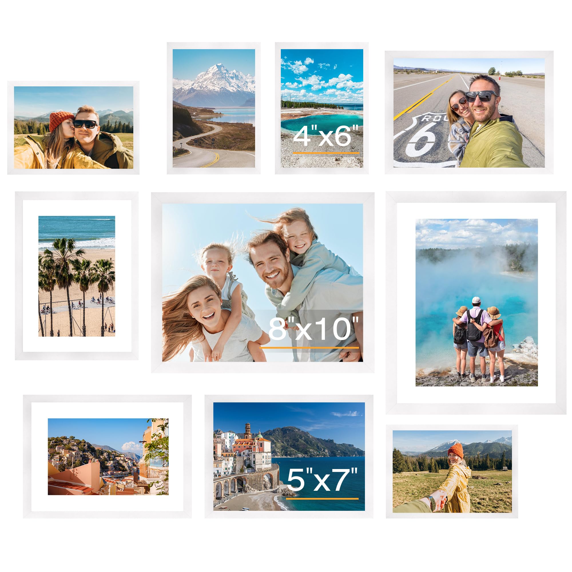 FIXSMITH 10 Pack Picture Frames Collage Wall Decor for Mounting or Tabletop Display, Gallery Wall Frame Set with Two 8x10 White Frames, Four 5x7