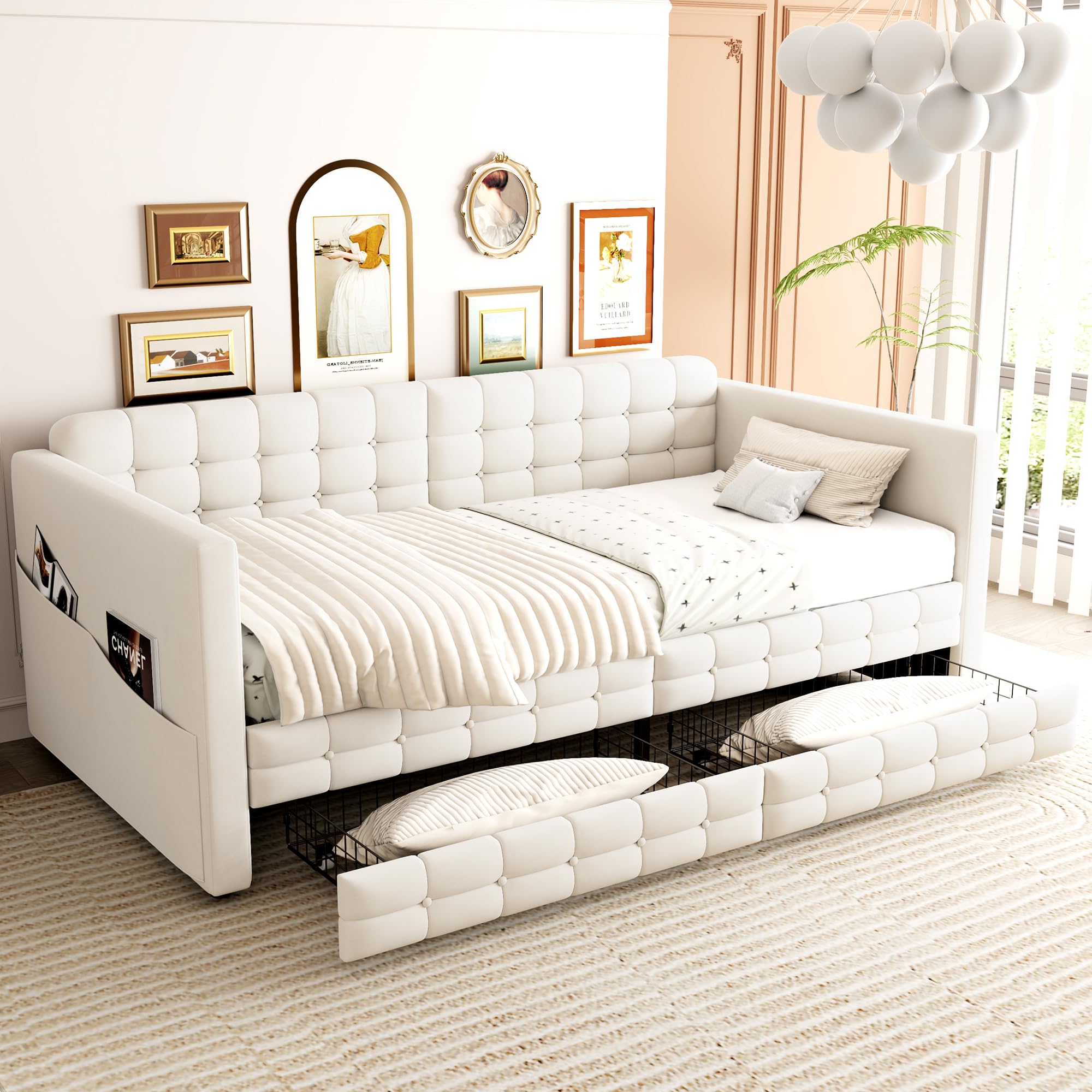 Estructura de Sofa Cama Individual 90x190cm Cama Tapizada con 2 Cajones Mueble Dormitorio Base de Cama Somier Madera Bolsillos Laterales Habitacion Invitados Terciopelo Beige