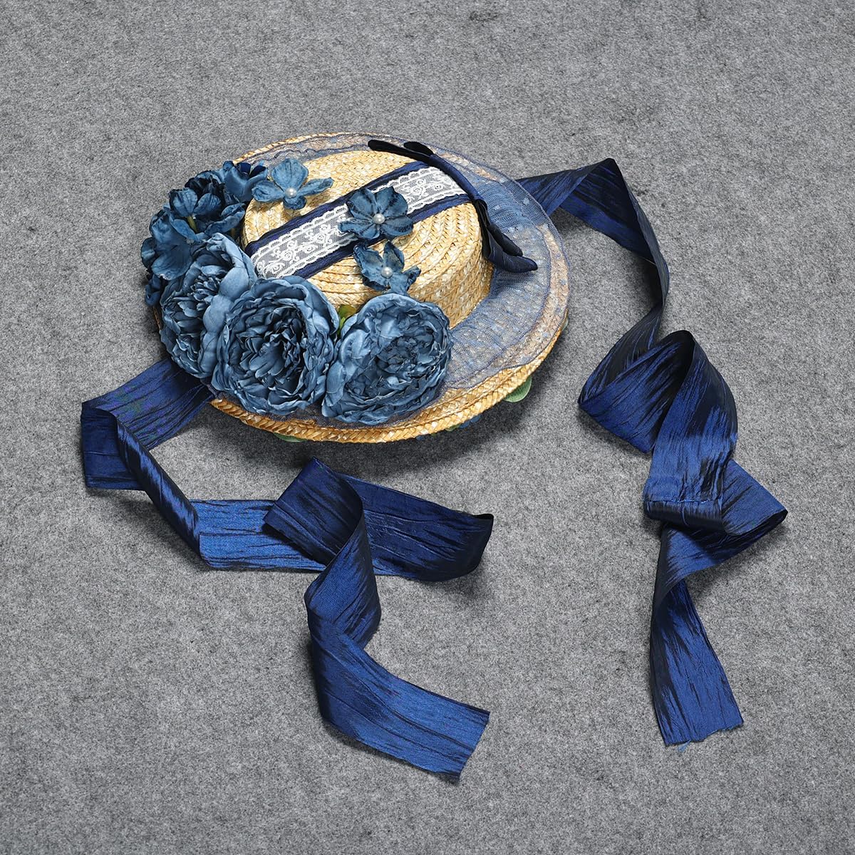 COSDREAMER Girls Womens Victorian Tea Party Hat Bows Flowers Straw Hats Blue - Image 6