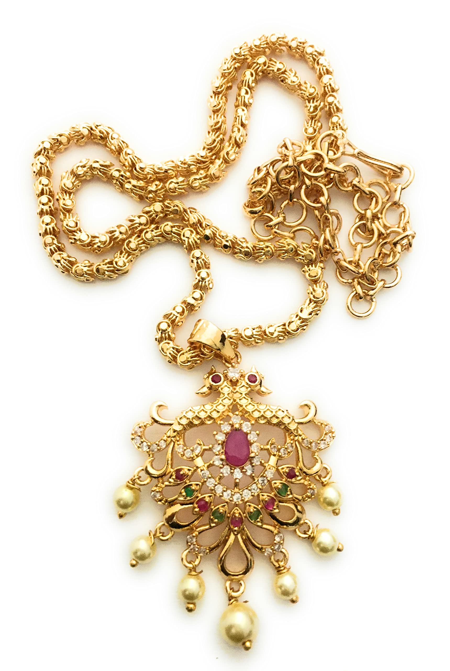 Sasitrends Traditional Gold Plated AD Stone Studded Pendant Chain Necklace for Women