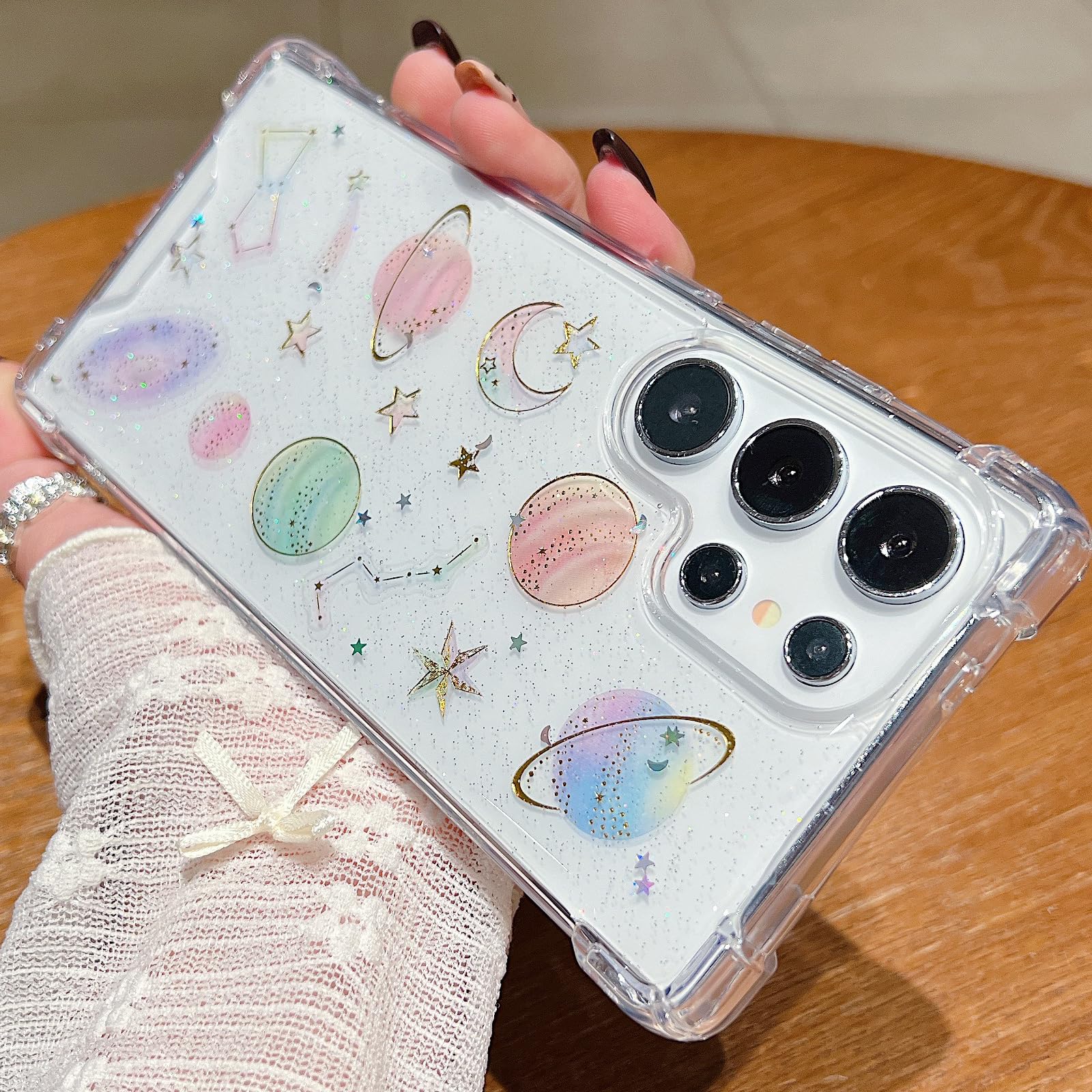 Changjia Funda transparente con purpurina para Samsung Galaxy, diseño de mariposas, planetas, estrellas, luna, universo, poliuretano termoplástico suave, a prueba de golpes, para mujer (transparente,