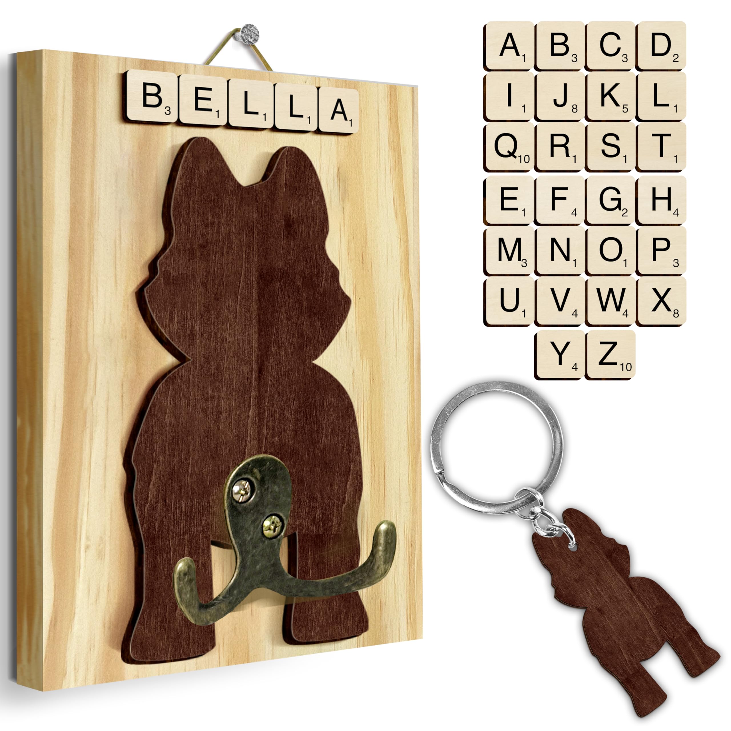 Husky Dog Leash Holder Wall Mount with Scrabble Letters, Wooden Dog Wall Hook Organizer, Pet Collar and Harness Holder Entryway, Key Hook &amp; Leash Rack, Home Decor for Pet Lovers PF297-45