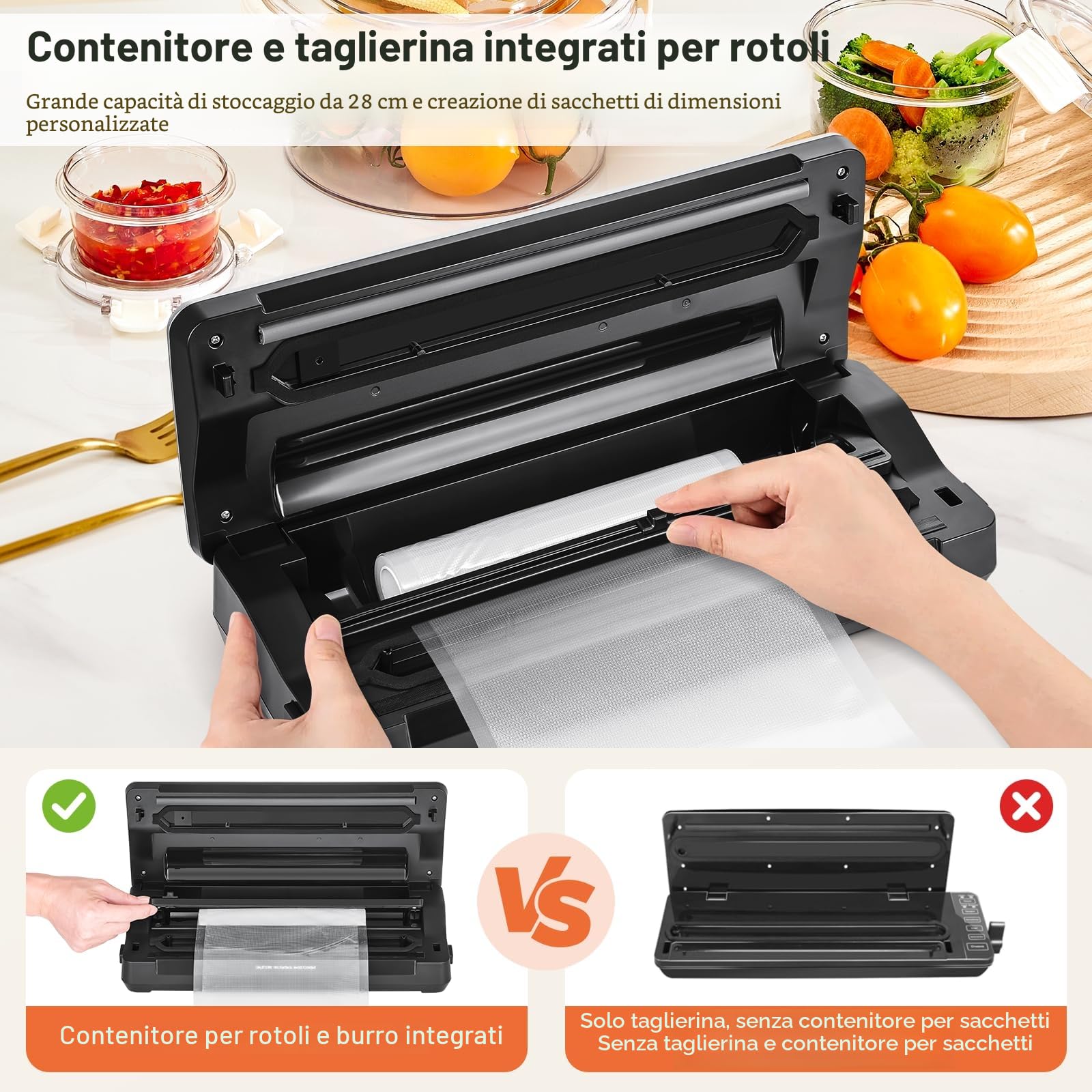 Macchina per sottovuoto 90kPa, 100W, potente sigillatura larga, conservazione degli alimenti, taglierina integrata, contenitore per sacchetti (Argento)