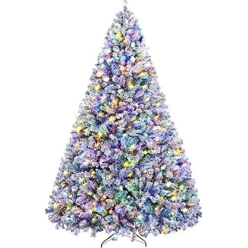 Yaheetech 9ft Pre-lit Spruce Artificial Christmas Tree Snow Flocked Hinges Tree with 900 Multicolor LED Lights & 2108 Branch Tips & Metal Stand for Home, Office, Party Decoration, Green & White