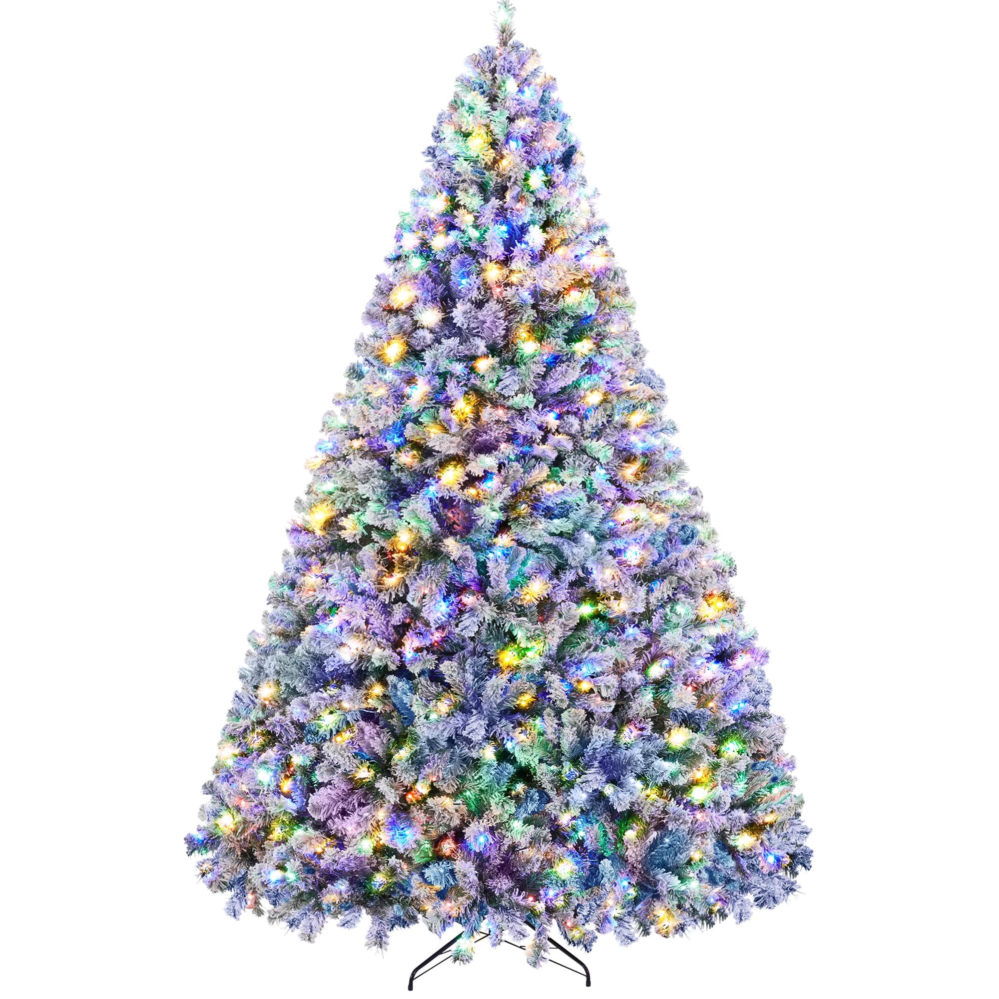 yaheetech 9ft pre-lit spruce artificial christmas tree snow flocked hinges tree with 900 multicolor led lights & 2108 branch tips & metal stand for home, office, party decoration, green & white