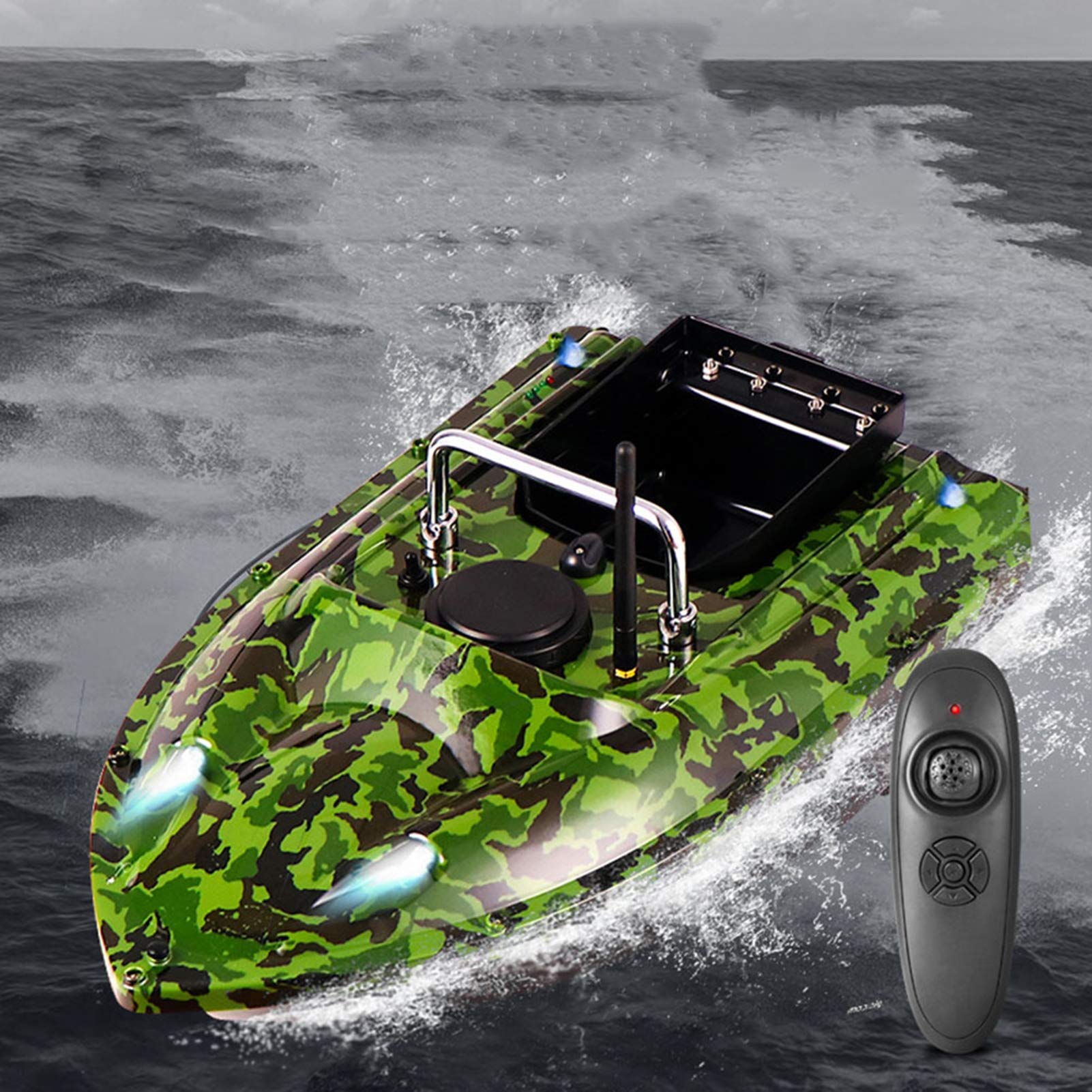 Bezprzewodowy Smart RC Bait Boat Czas czuwania 3H z nocnym światłem LED do kałuży i jezior Fish Finder akcesoria do łodzi wędkarskich prezenty dla mężczyzn, zielony kamuflaż