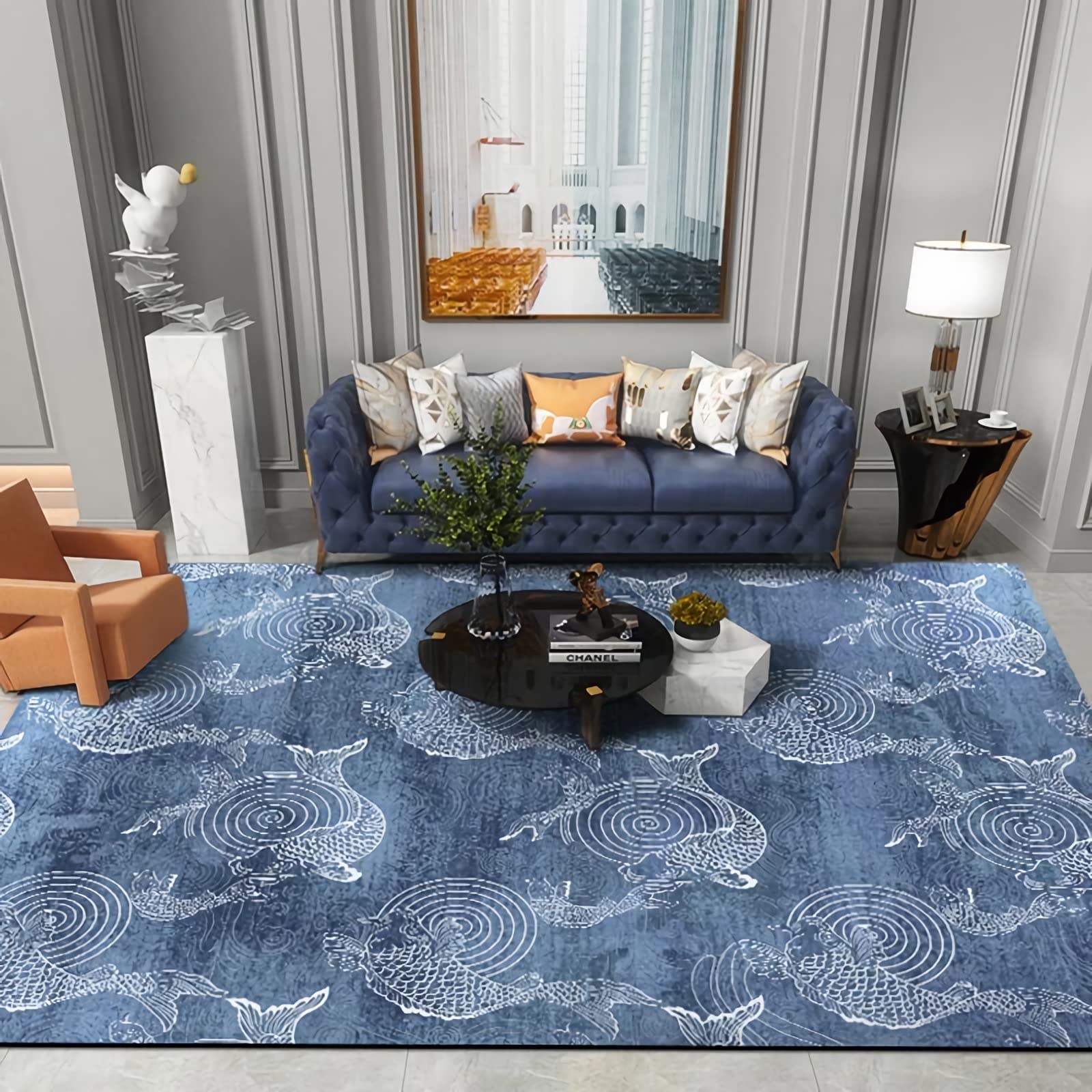 Tapis antiderapant Tapis Tapis de Salon Bleu, Motif Poisson Cercle géométrique Doodle décoration Chambre ado Fille Tapis Chambre ado 60x120cm