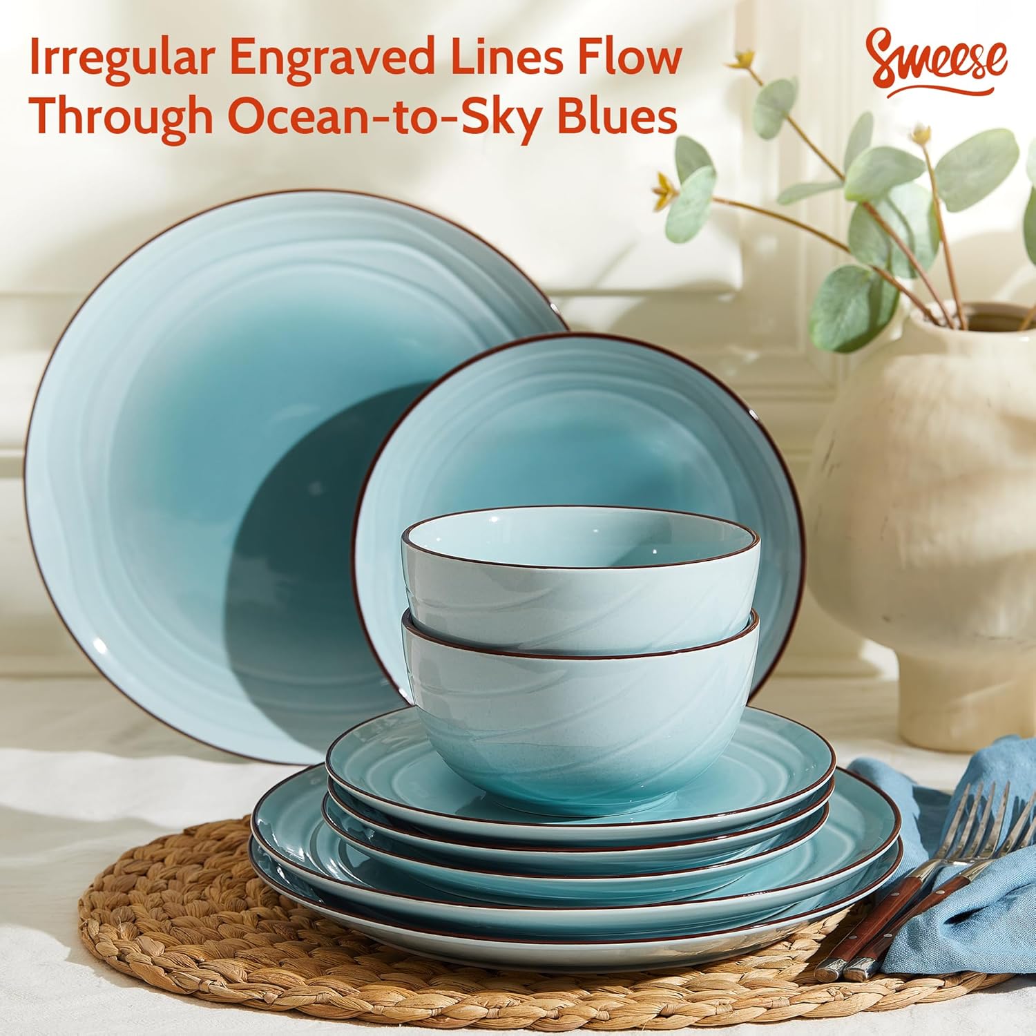 Sweese Porcelain Dinnerware Sets for 6, 18 Pieces Ceramic Plates and Bowls Sets, Handcrafted Minimalist Dinner Set, Chip and Scratch Resistant Dish Set, Dishwasher & Microwave Safe, Gradient Blue