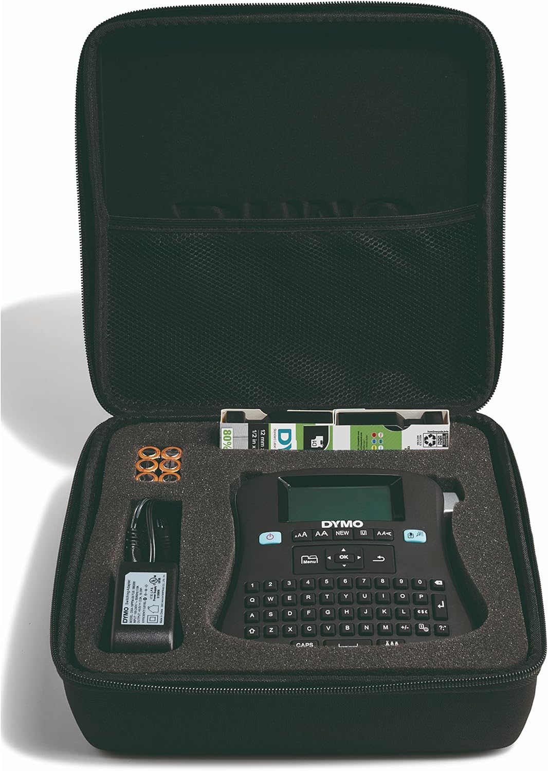 Close-up view of the DYMO Label Maker 210D showing the QWERTY keyboard and LCD screen.