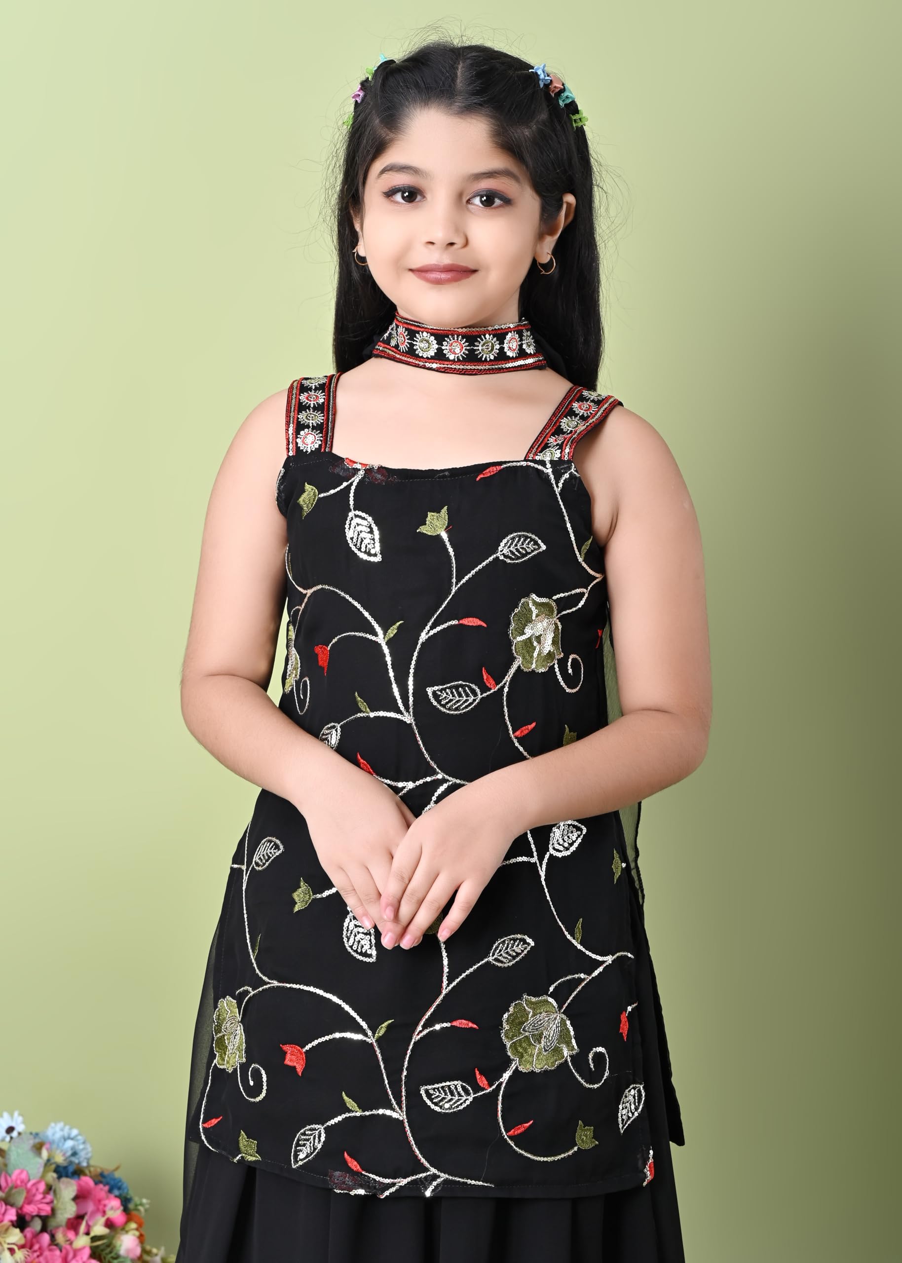 SPAMitude - Georgette Embroidery Sequin Kurta, Skirt and Dupatta Set for Girls – Ethnic Party Dress I Birthday Trendy Classic Outfit I Square Neck Sleeveless (BLACK, 10-11 YEARS) - Image 8 thumbnail