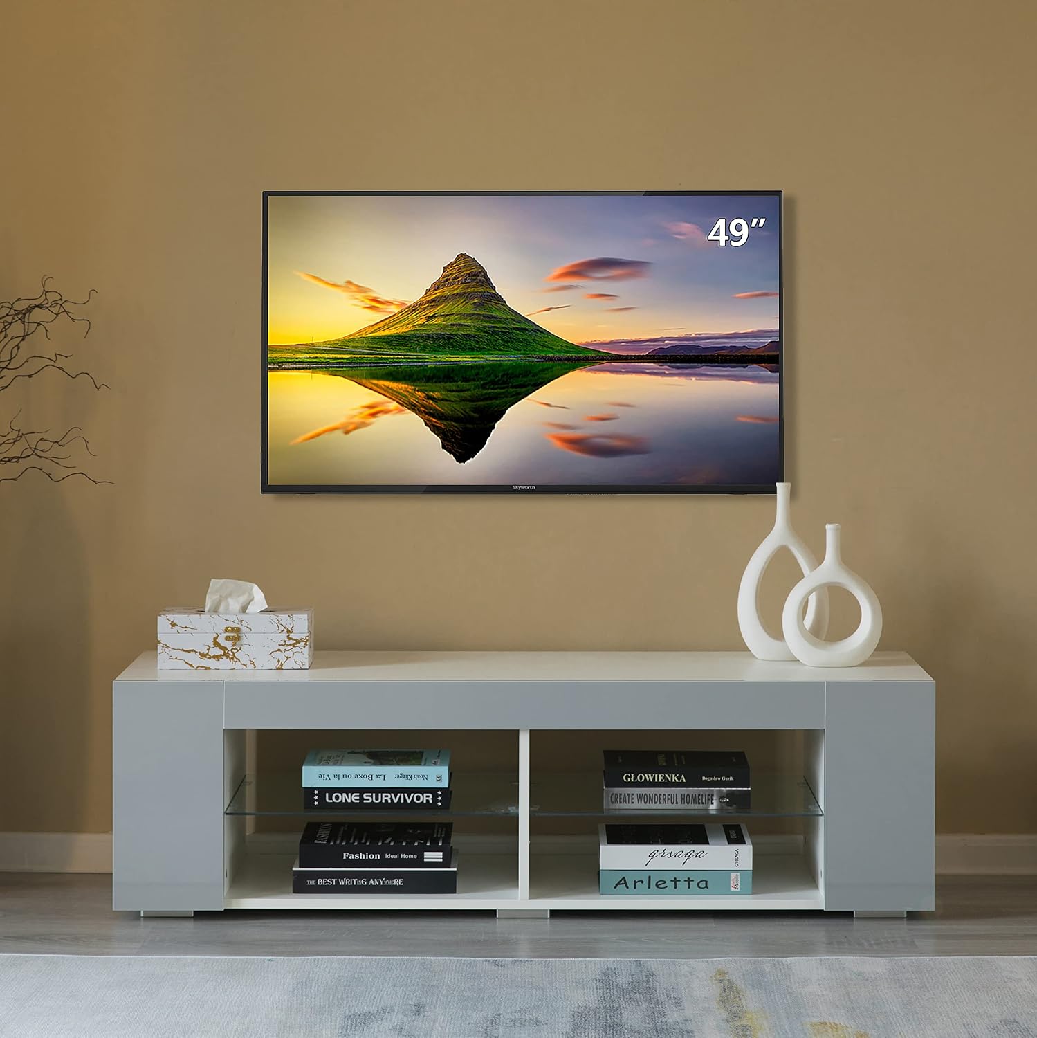 Basicwise White Entertainment TV Stand with LED Lights and Glass Shelves with UV Frame image 4
