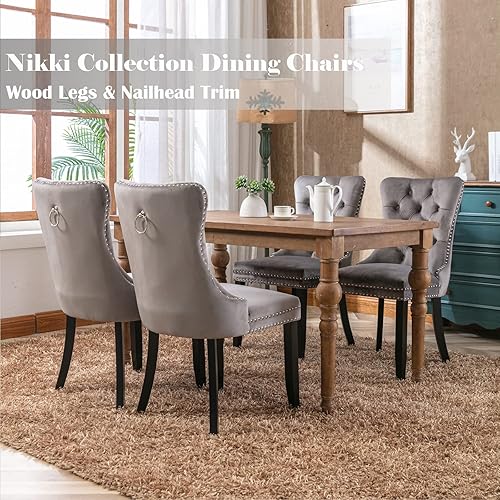 Miniatura 3 de Juego de 4 sillas de comedor de terciopelo gris, sillas de comedor tapizadas con anillo trasero y patas de madera maciza, sillas de cocina con