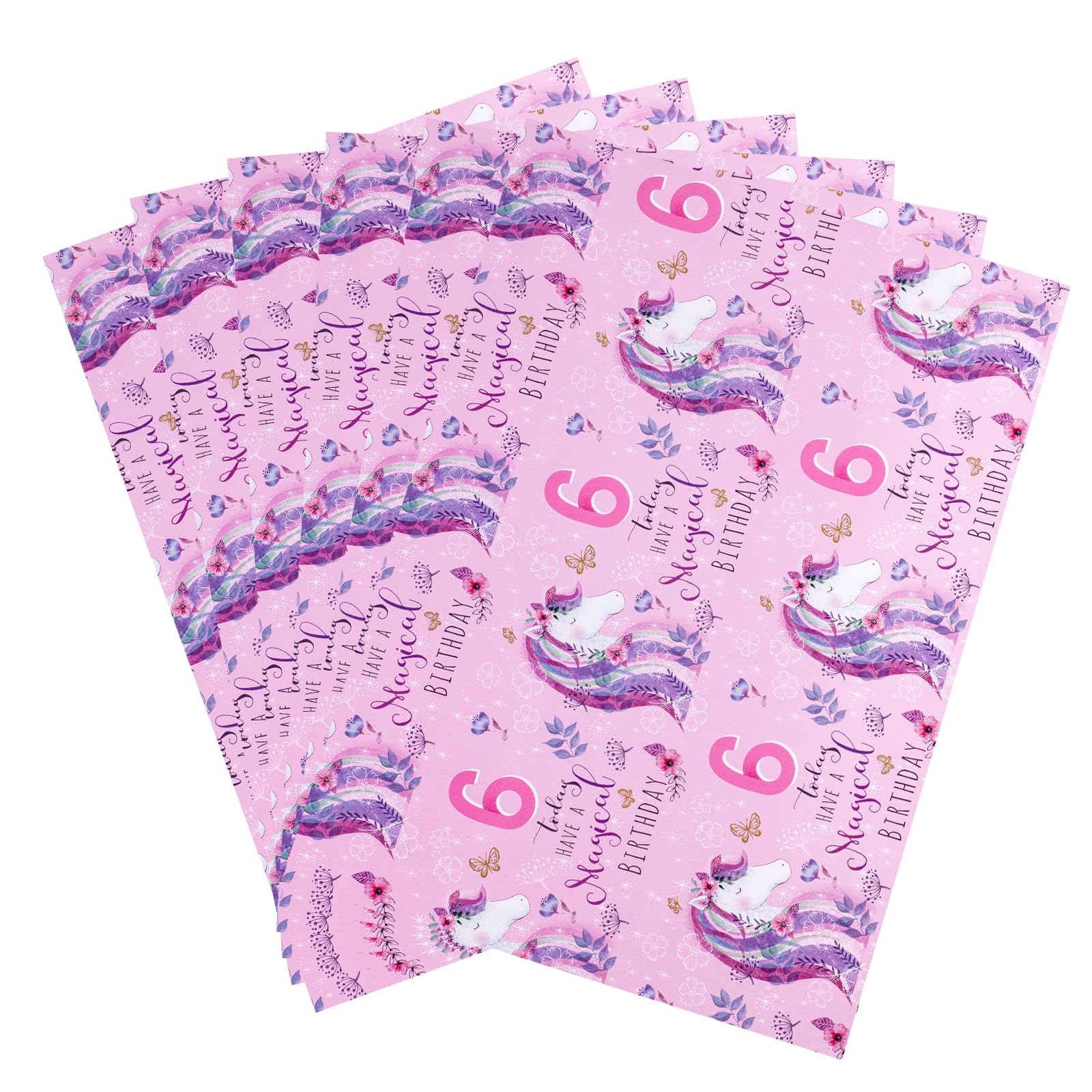 2 Sheets 6th Birthday Unicorn Theme Girl Pink Wrapping Paper Age 6 Cute