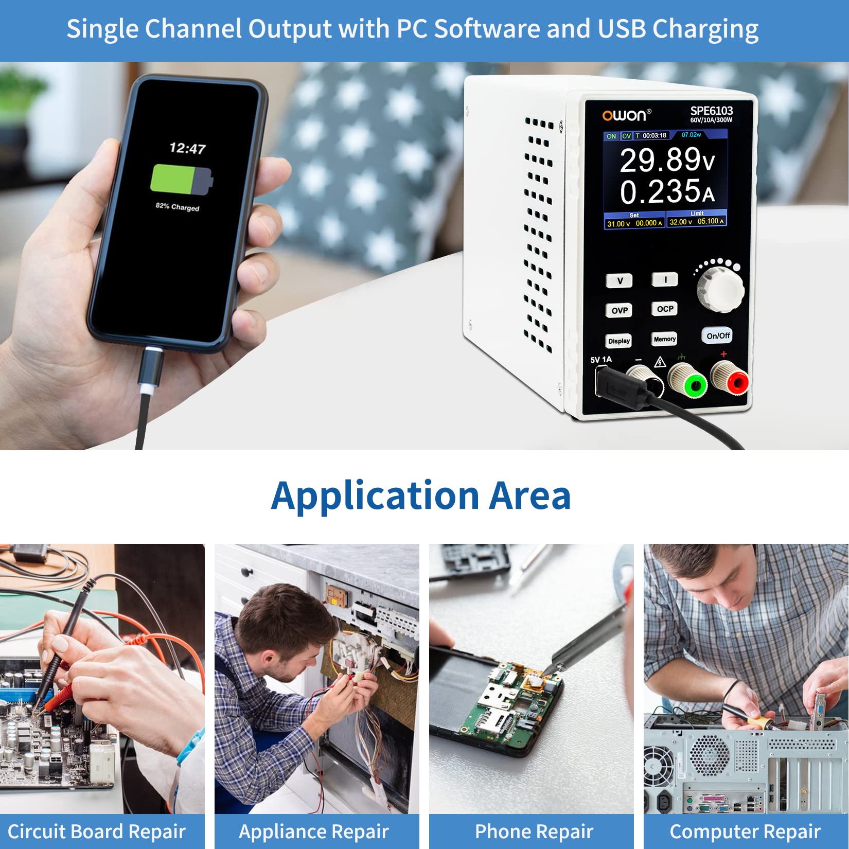 OWON SPE6103 Alimentatore da laboratorio programmabile (0-60 V 0-10 A), alimentatore CC da banco da 300 W con display LCD da 2,8 pollici, uscita a canale singolo con software per PC e ricarica USB