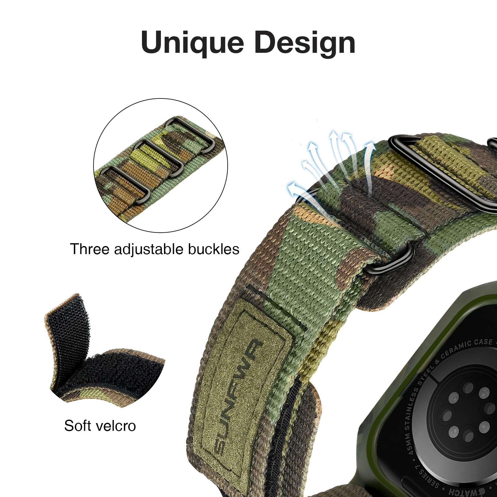 SUNFWR Bracelets Apple Watch compatibles avec Apple Watch 44 mm, 45 mm, 49 mm avec étui, en nylon Velcro robuste avec étui de protection pour iWatch Series 8/7/6/5/4 SE pour homme