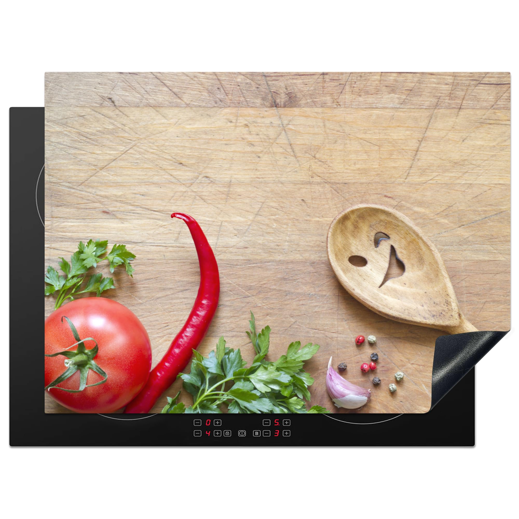 KitchenYeah© Induction Hob Cover Protector Mat 20.5"x28" / 71x52 cm Kitchen Universal Ceramic Covers for Electric Cookers Vinyl Vegetable - Wood Texture - Ladle - Smiley - Tomato