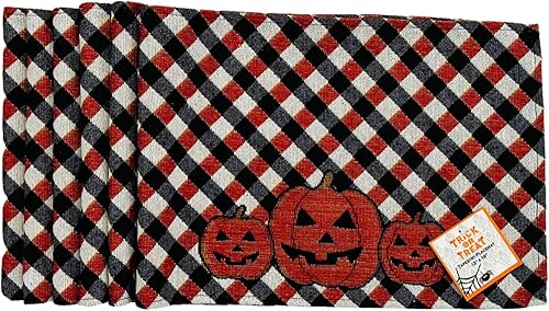 Home Decor Halloween Placemats Woven Tapestry Design Orange Black White Criss Cross Jack O' Lanterns