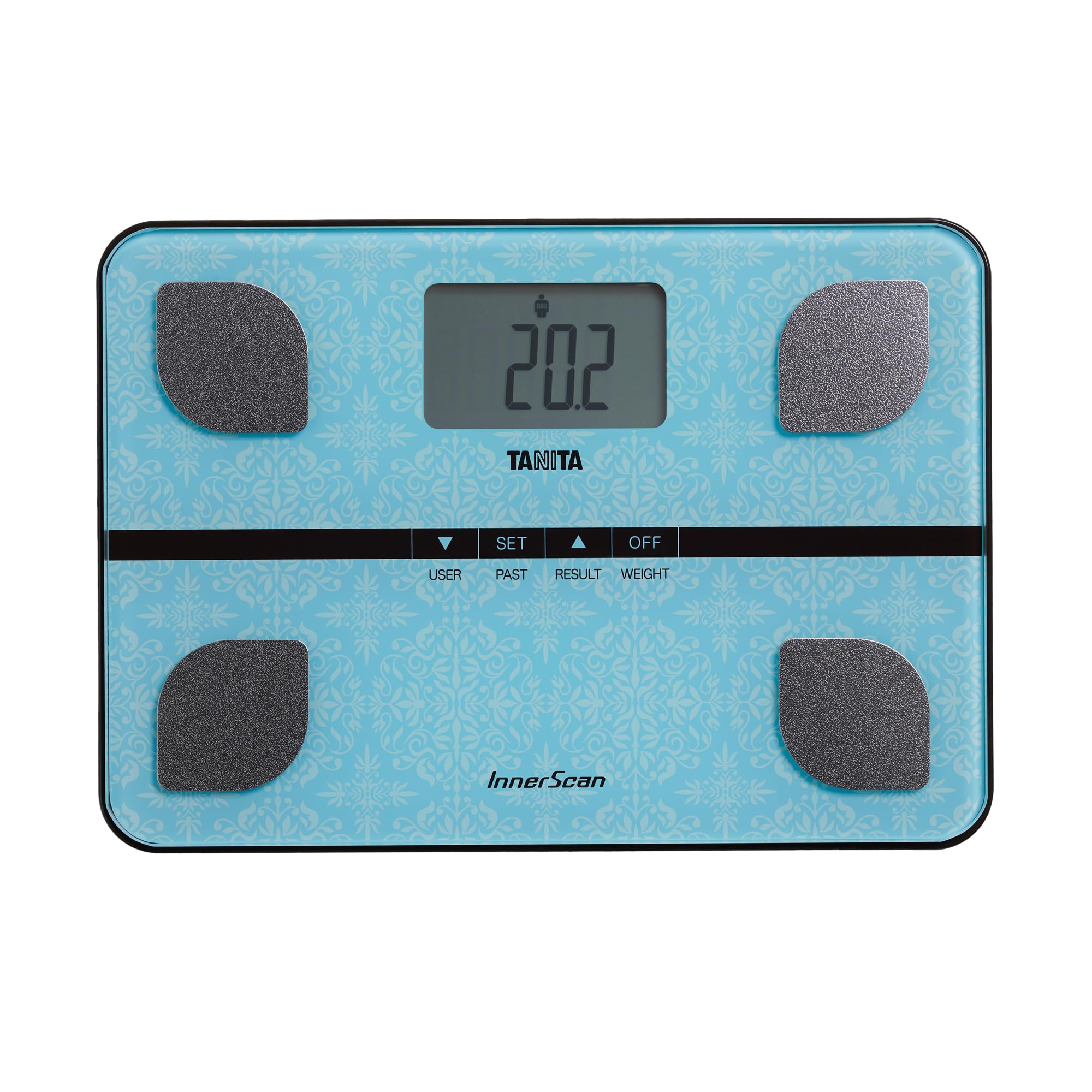 Tanita BC-732 bilancia intelligente per peso corporeo e grasso – Bilancia pesapersone digitale con design compatto in vetro, bilancia multiutente con display LCD, azzurro chiaro con motivo paisley