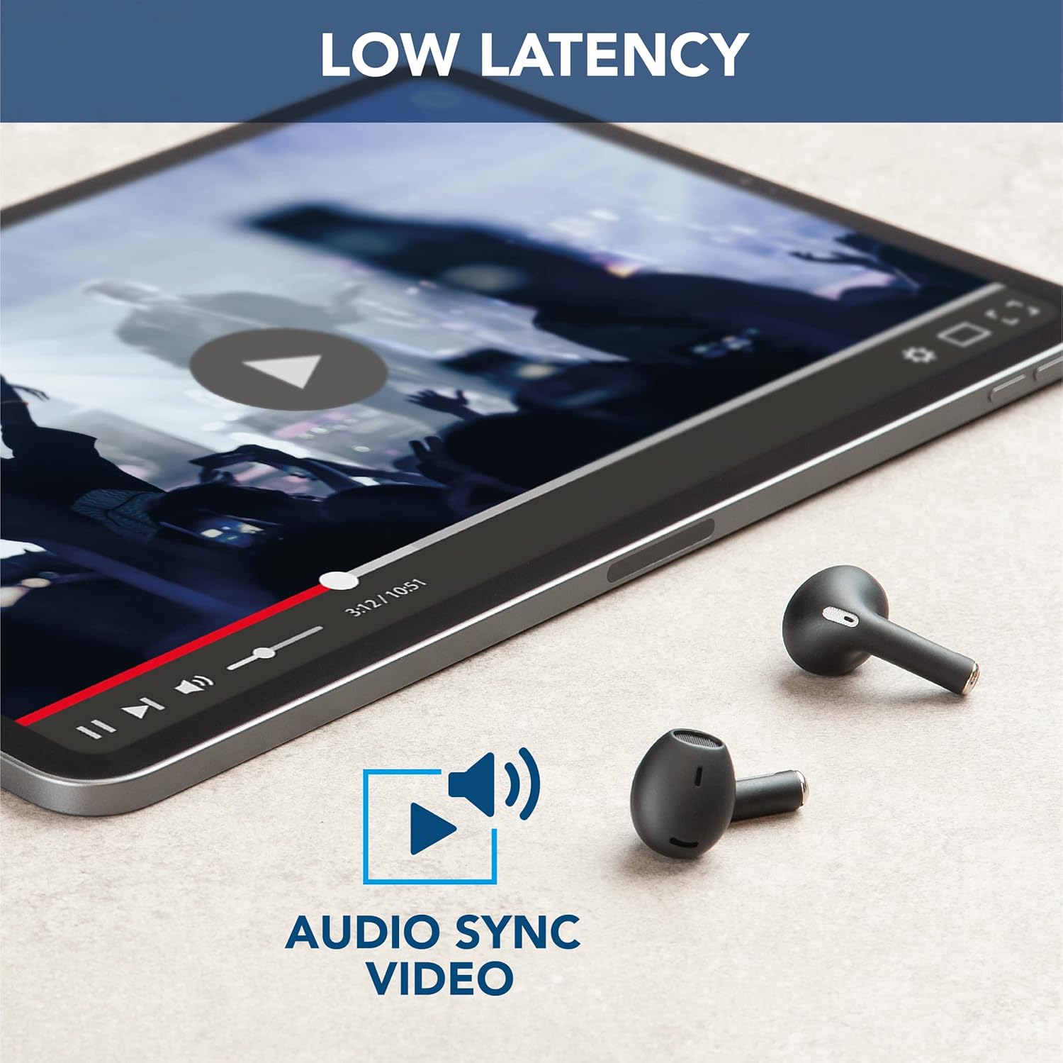 Earbuds next to a tablet playing video, illustrating low latency