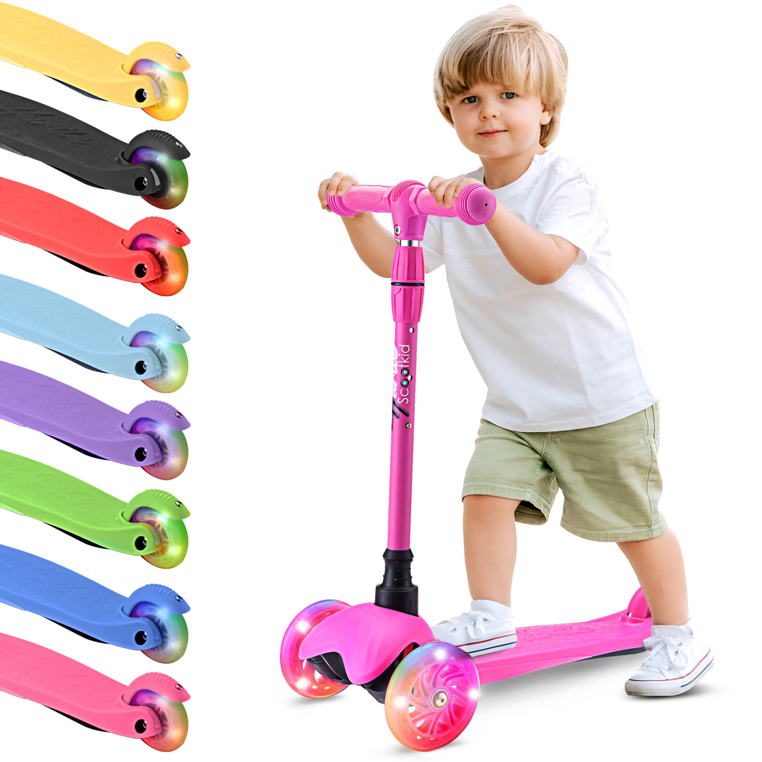 Hurtle Mini Kickboard Scooter for Kids – Height Adjustable 25-28 Inches, 3-Wheel Toddler Micro Scooter with LED Light-up Wheels, Lightweight Riding Toy, Non-Slip, Indoor/Outdoor Fun, Ages 2-5 (Pink)