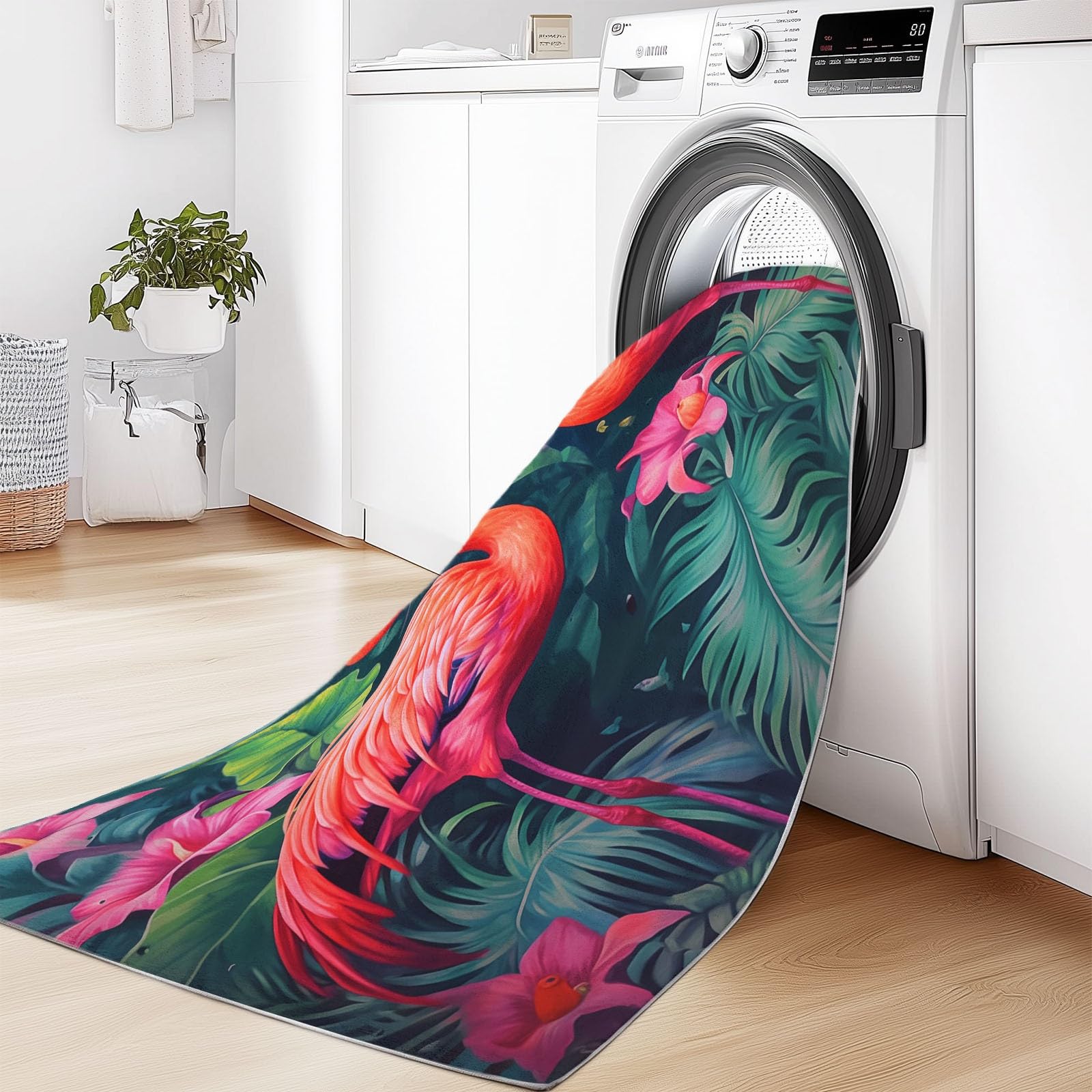Dywan flamingotropowy, naturalny, miękkie krótkie runo, do salonu, sypialni, antybakteryjny, podkładka antypoślizgowa, klasyczna i czerwony proszek, z nadrukiem, 180 x 250 cm