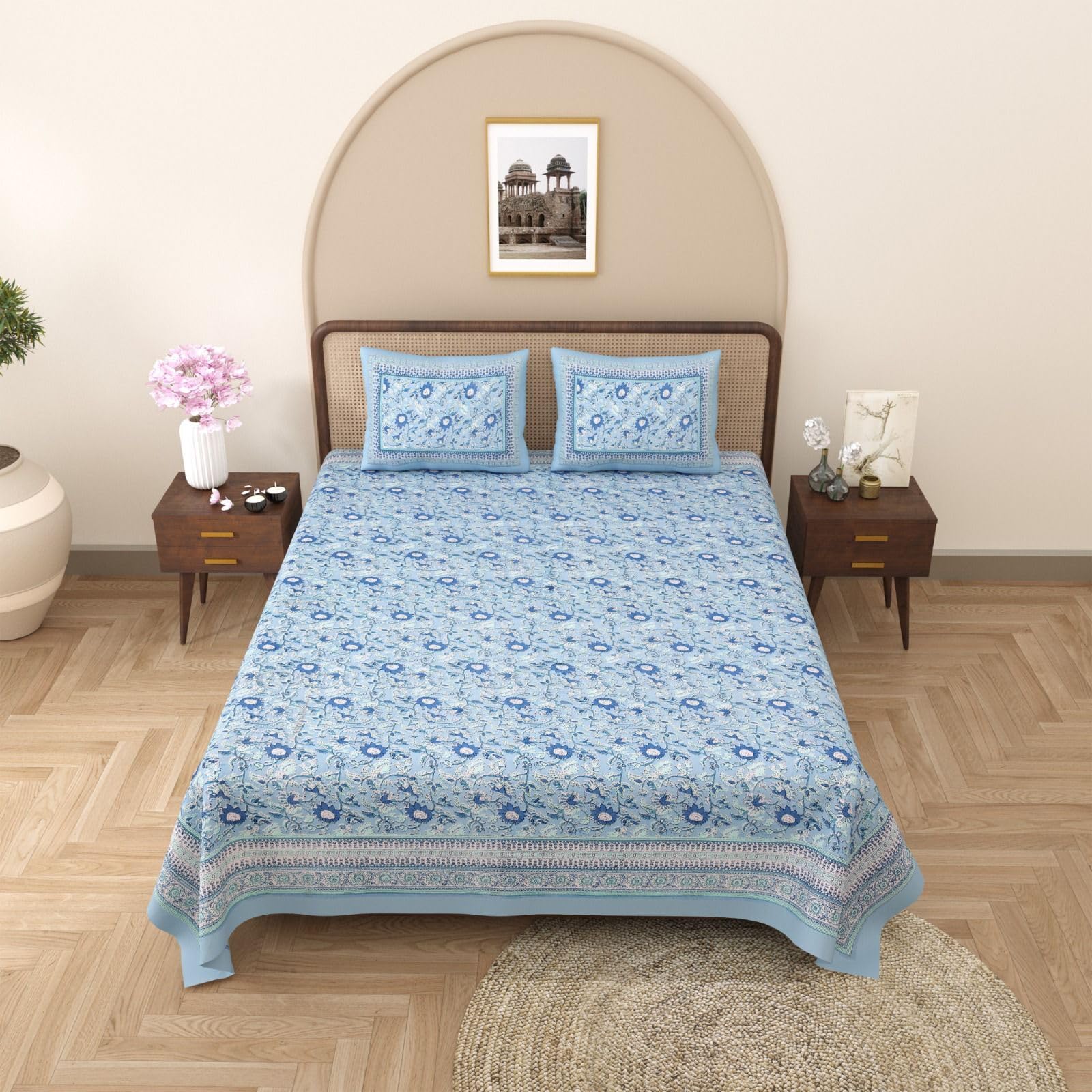 RajasthaniKart Pure Cotton 144 TC Printed King Size Double Bed Elastic Fitted Bedsheet with 2 Pillow Covers - (72"x72" or 72" x 78" (Suitable for King Size Bed Sheet or Double Bed), Blue 504) (B0CQK7FZNB) Amazon Price History, Amazon Price Tracker