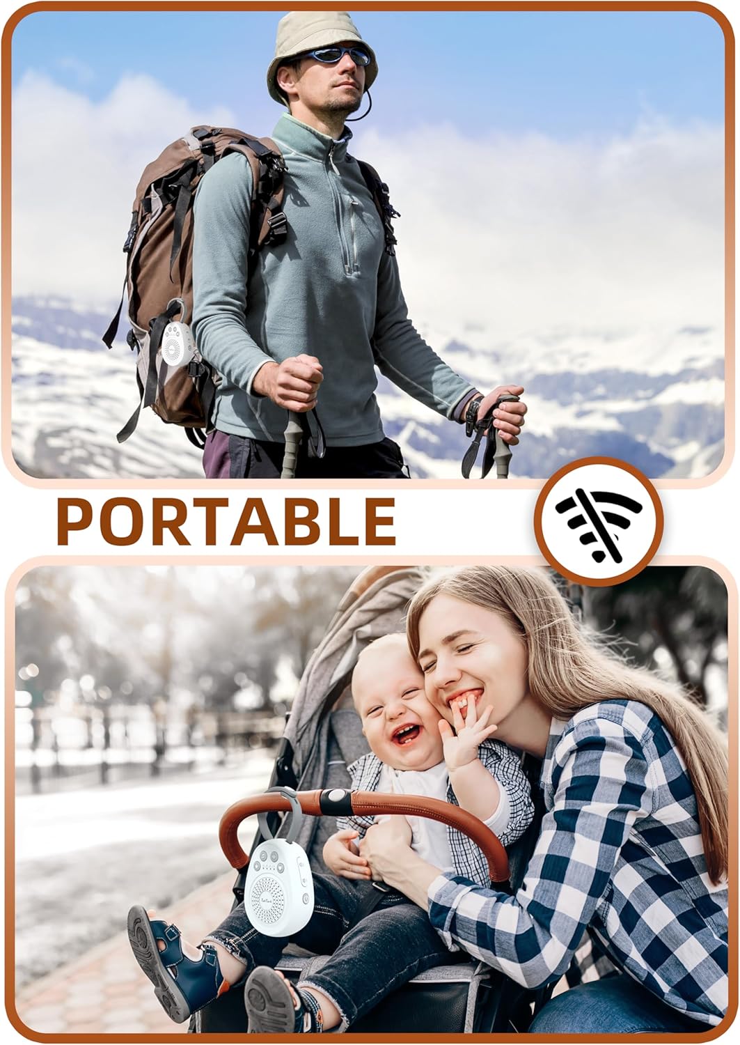 TakTark Sound Machine being used by a hiker and attached to a baby stroller, demonstrating portability
