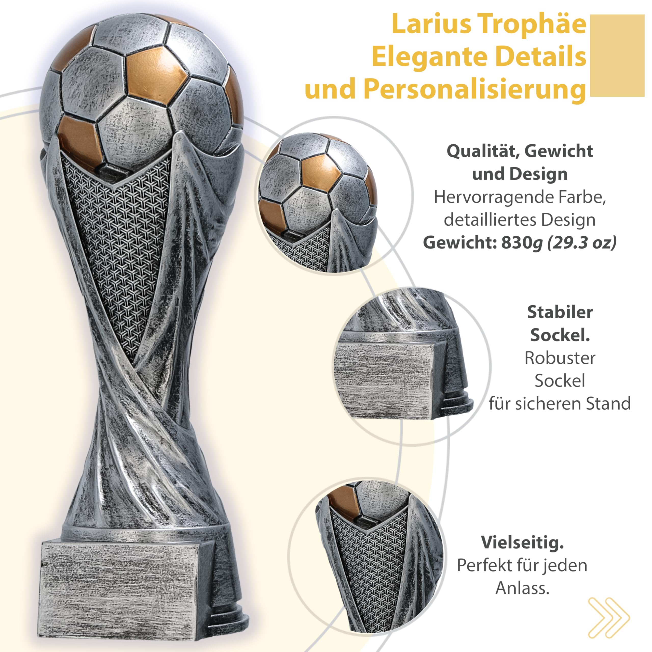 Larius Trophée Football avec Ballon 15–21 cm (300–830 g) – Coupe Lourde en Résine avec Gravure Optionnelle – pour Tournois, MVP, Meilleur Buteur & 1re–3e Place – M5
