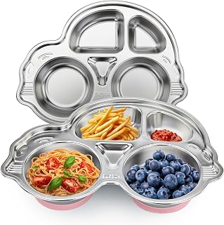 Stainles Steel Baby Suction Plate, Car Divided Toddler Plate Pink | food-grade stainless steel baby suction plates with car divided sections for BLW, toddler meals, and easy dishwasher cleanup