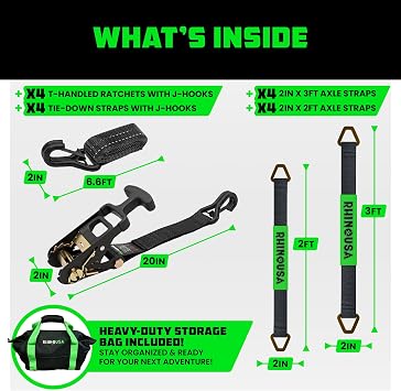 Rhino USA Car Tie Down Straps for Trailers with J Hooks (4-Pack) 2 x8' (10,000lb Break Strength) Heavy Duty Car Hauler Tire Straps with Axle Straps for UTV, Powersports & More Black