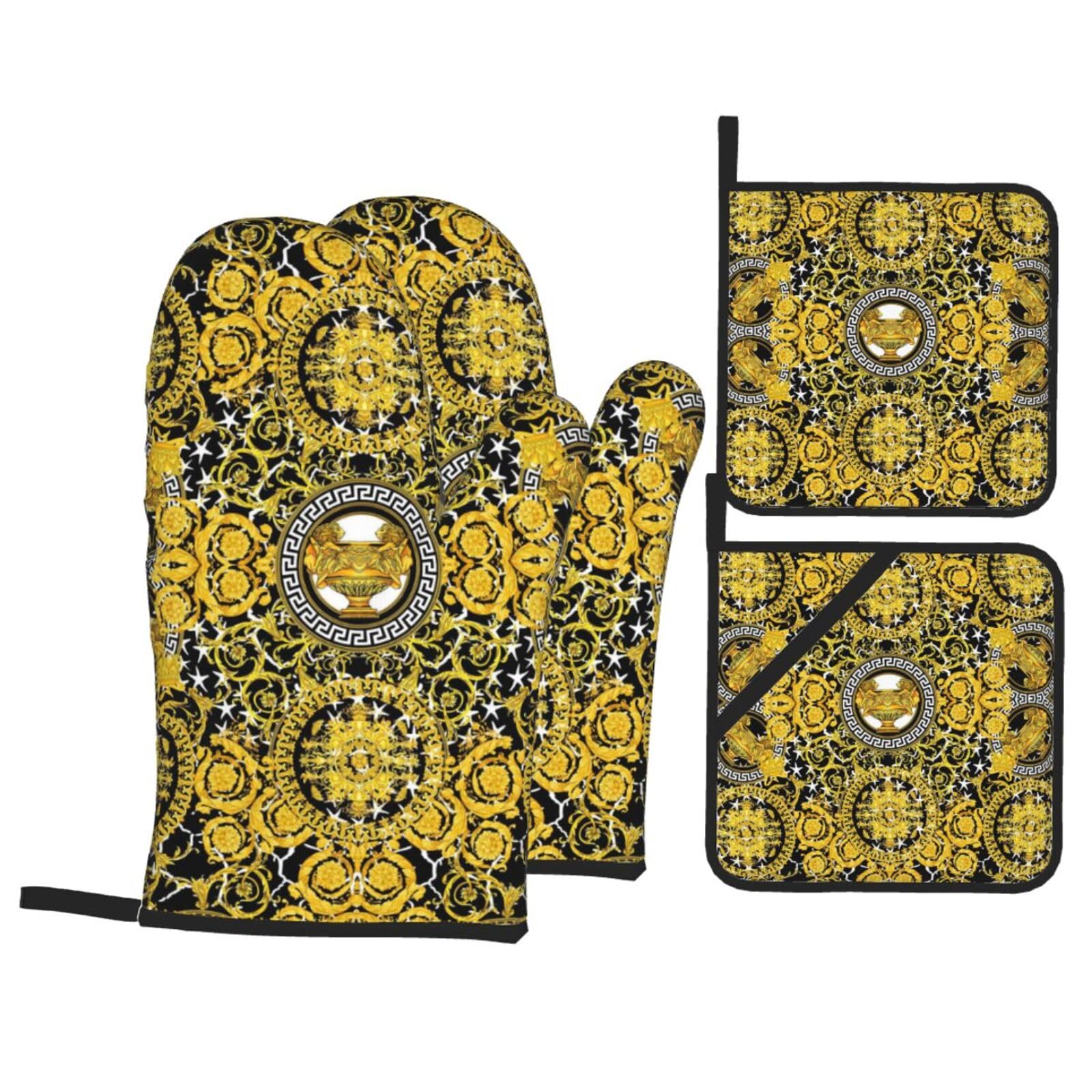 Gants de cuisine antidérapants et maniques motif écharpe noire fond d'or