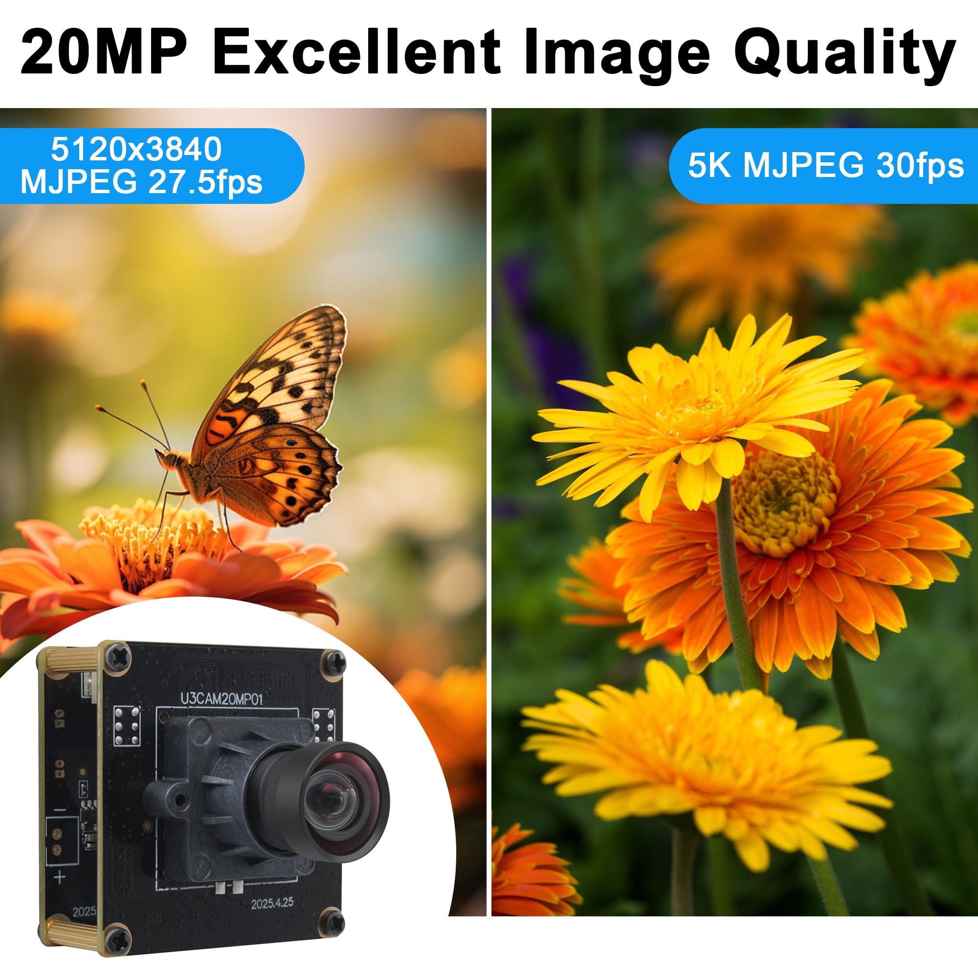 SVPRO Modulo fotocamera USB 3.0 da 20 MP, scheda webcam 5K per computer portatile, fotocamera ultra HD per PC con obiettivo 95° (H) senza distorsione, UVC Industrial Cam Plug and Play per Mac, Windows
