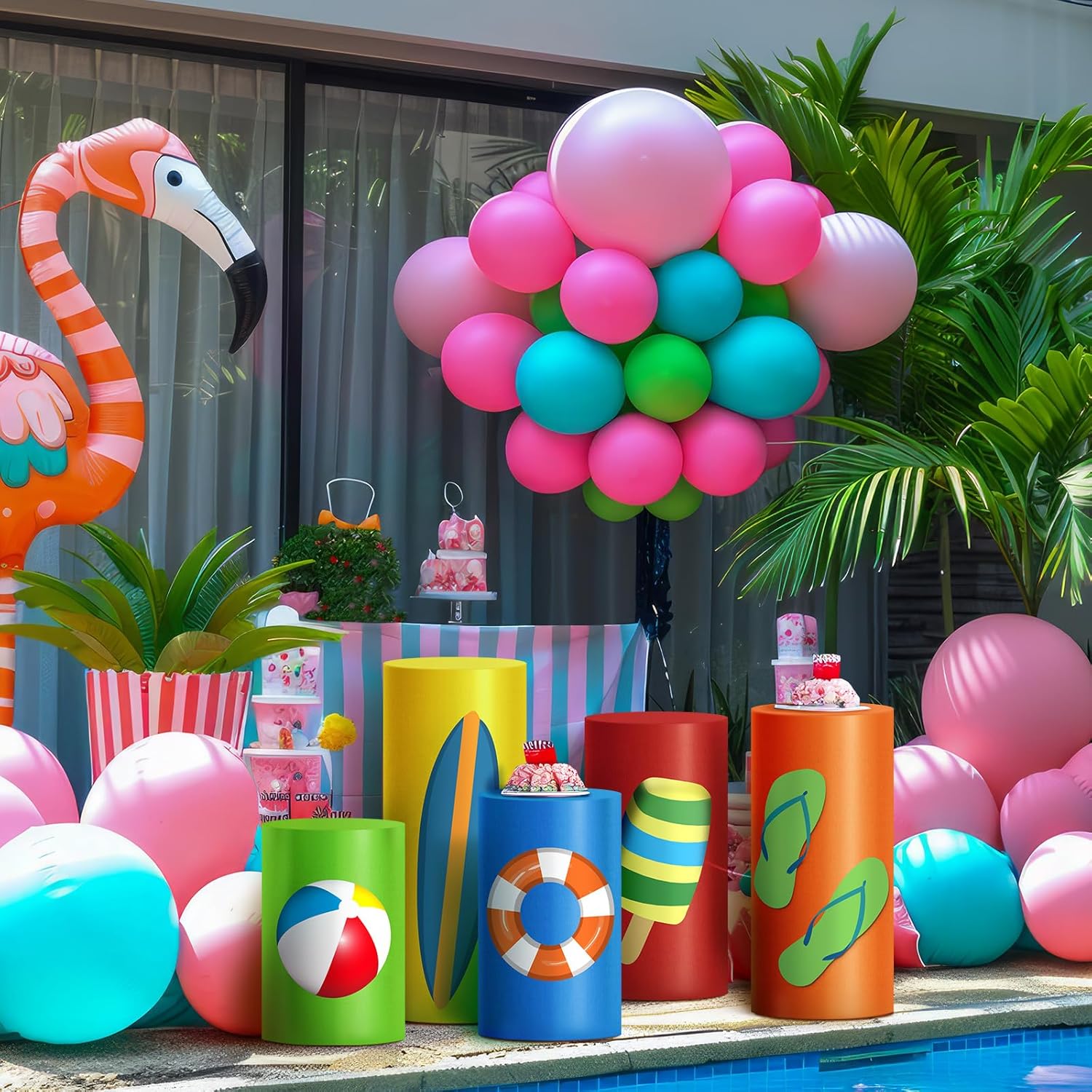 5 Pcs Summer Cylinder Pedestal Stand Covers Flexible Cylinder Stand Covers for Beach Tropical Party Backdrop Baby Shower Birthday Wedding Dessert Tables Decor Party Display Decor